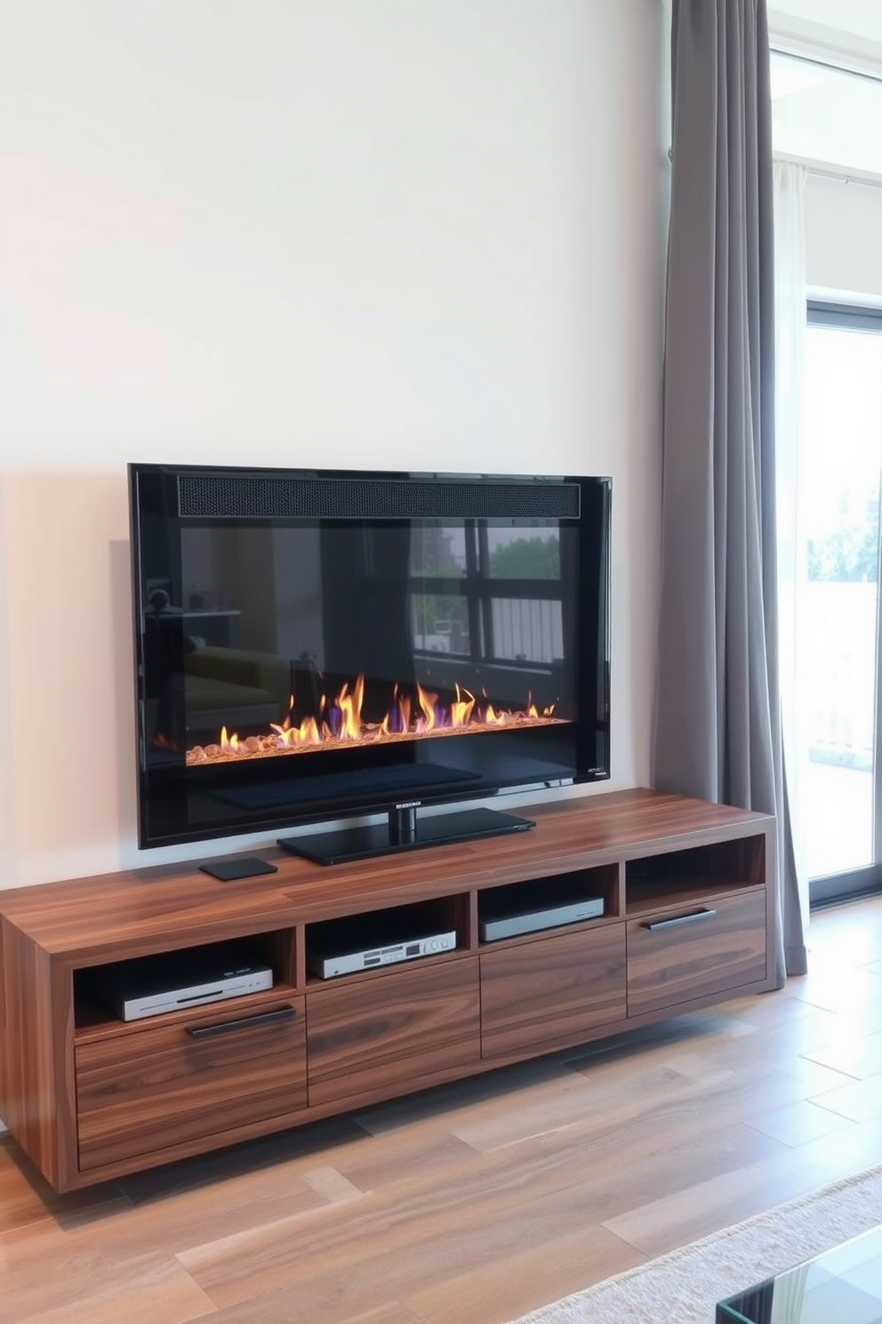 A contemporary electric fireplace is the focal point of the living room, seamlessly integrated into a sleek media console that offers ample storage for entertainment devices. The fireplace features a minimalist design with a clean, linear aesthetic, while the console is finished in a rich walnut wood, providing warmth and sophistication to the space.