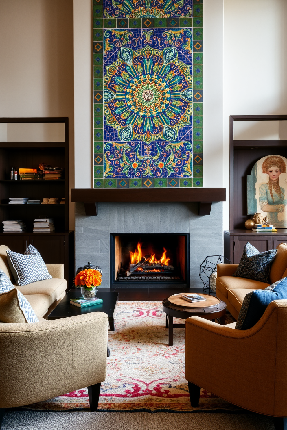 A cozy living room featuring a dark wood fireplace surround that enhances the warmth of the space. The fireplace is adorned with decorative logs and surrounded by elegant artwork that complements the warm tones of the room.