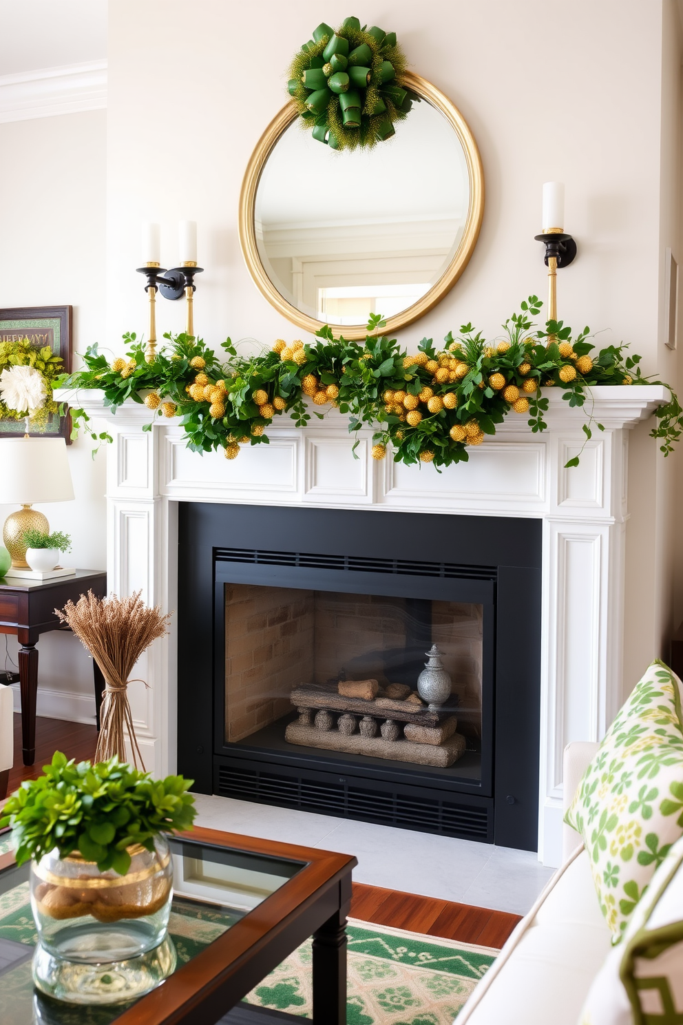 A beautiful living room adorned for St. Patrick's Day features a fireplace with a green and gold garland draped elegantly across the mantel. The garland is embellished with shimmering gold accents and lush green foliage, creating a festive and inviting atmosphere.