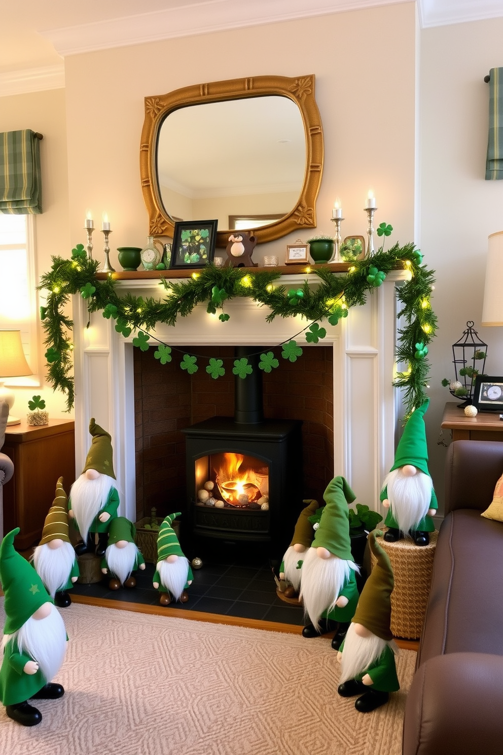 A cozy living room setting featuring whimsical gnome figurines scattered throughout the space. The gnomes are adorned in vibrant green and gold outfits, adding a playful charm to the decor. A traditional fireplace serves as the focal point, decorated with garlands of shamrocks and twinkling fairy lights. On the mantel, small pots of gold coins and themed decorations enhance the St. Patrick's Day spirit.