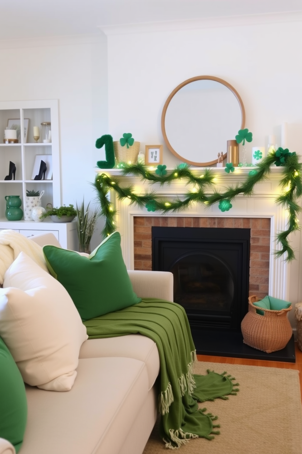 A cozy living room adorned with layered fabrics in green and white. Plush throw pillows and a soft blanket drape over a stylish sofa, creating a welcoming atmosphere. A charming fireplace serves as the focal point of the room, decorated with seasonal St. Patrick's Day accents. Green garlands and twinkling fairy lights enhance the festive spirit, while a few tasteful shamrock ornaments complete the look.