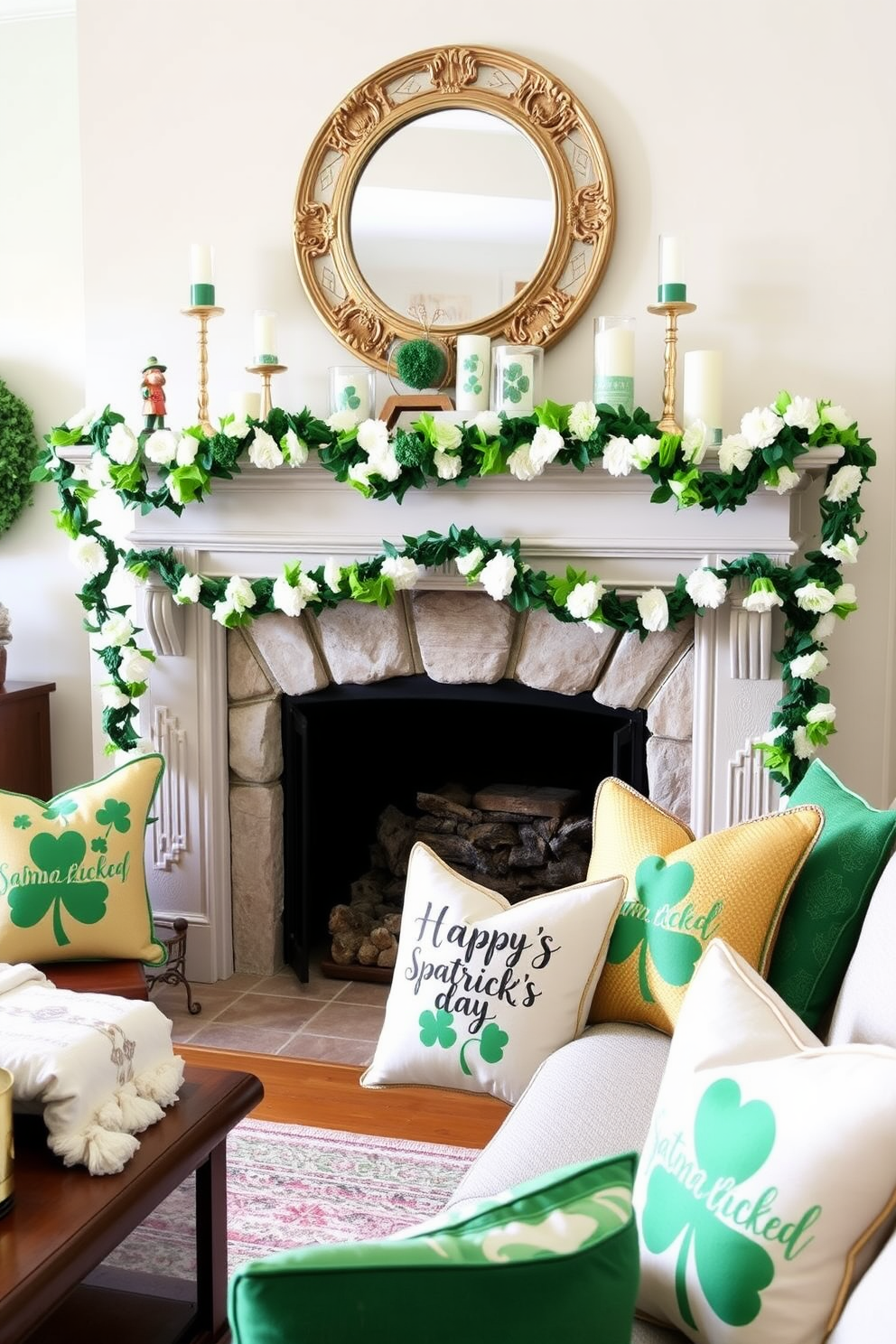 A cozy living room featuring St. Patrick's Day themed throw pillows in vibrant green and gold hues. The pillows are adorned with shamrock patterns and festive sayings, adding a cheerful touch to the space. A classic stone fireplace serves as the focal point of the room, decorated with garlands of green and white flowers. Above the mantel, a collection of decorative items such as leprechaun figurines and candles in festive holders enhance the St. Patrick's Day atmosphere.