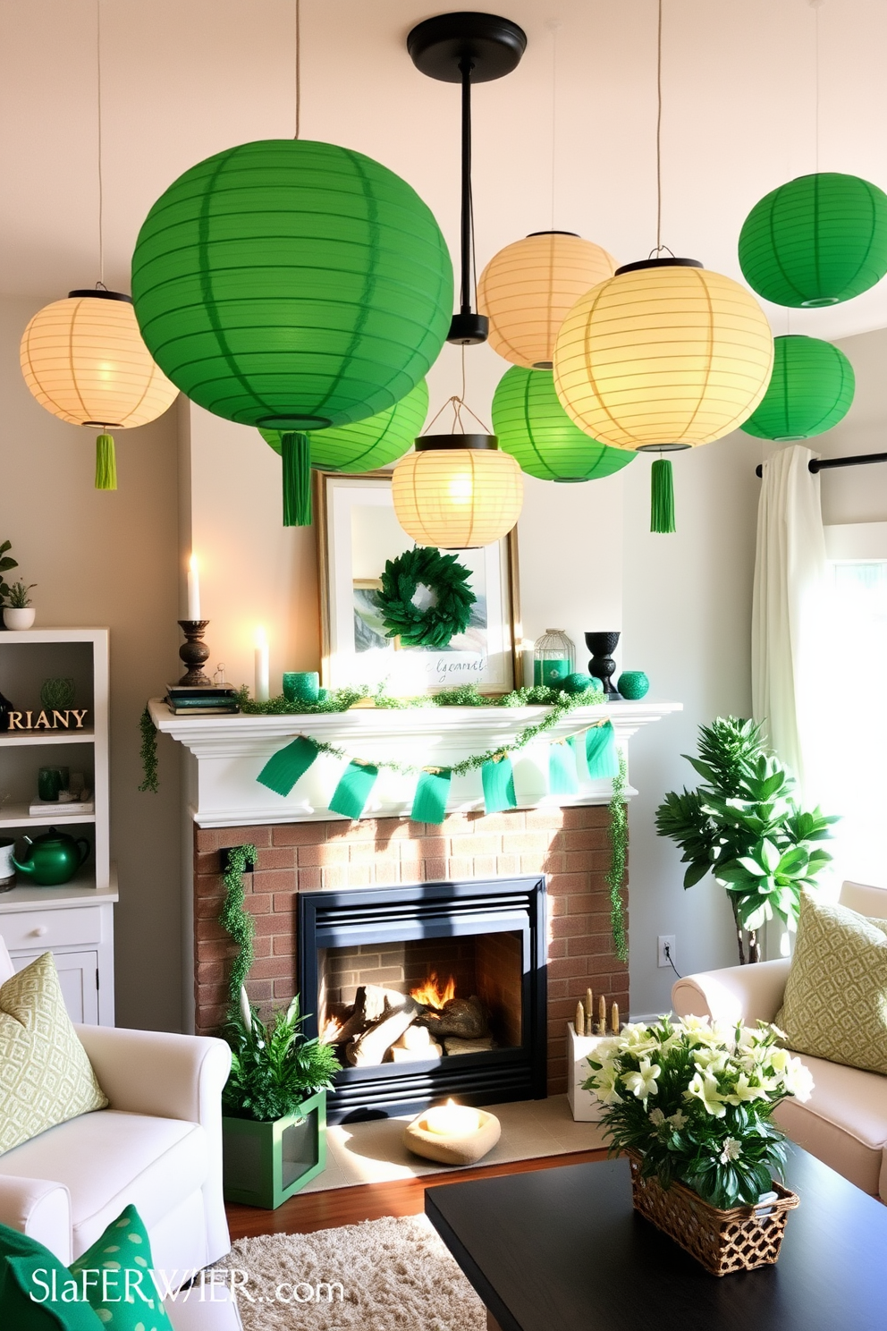 A cozy living room featuring Celtic knot symbols artfully integrated into the decor. The fireplace is adorned with greenery and subtle gold accents to celebrate St. Patrick's Day, creating a warm and inviting atmosphere. Decorative pillows with Celtic patterns are placed on a plush sofa, enhancing the theme. A festive garland of shamrocks and knot motifs drapes elegantly above the mantel, adding charm to the space.