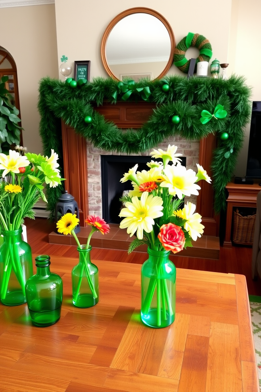 A cozy living room featuring fresh flowers in vibrant green vases arranged on a rustic wooden coffee table. A warm fireplace serves as the focal point, adorned with festive St. Patrick's Day decorations, including green garlands and shamrock accents.