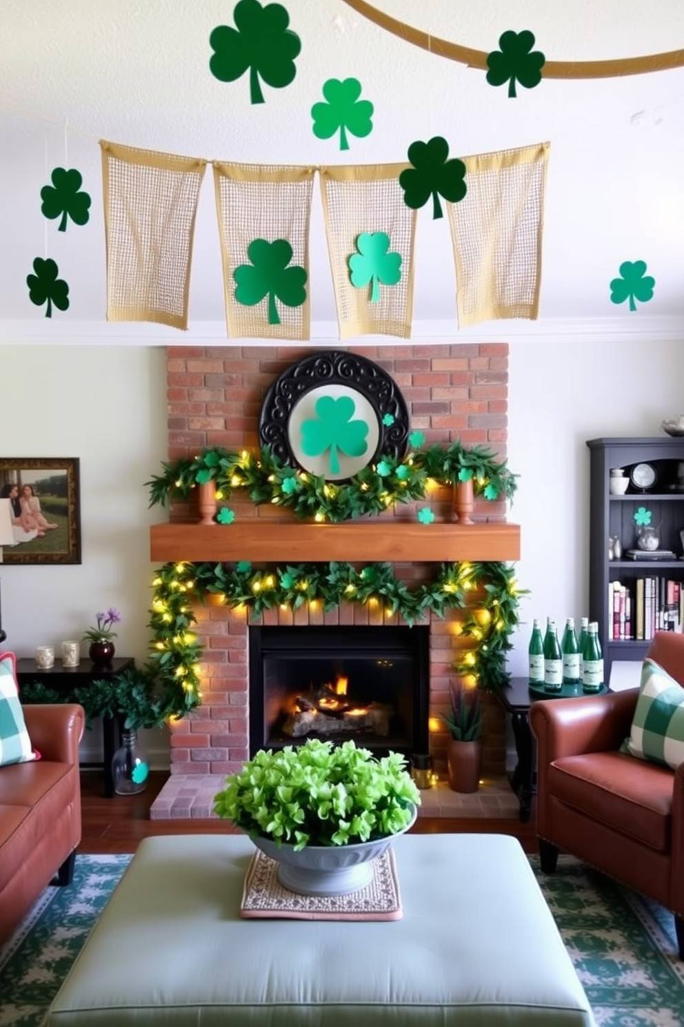 A cozy living room adorned for St. Patrick's Day features burlap banners adorned with shamrock cutouts hanging gracefully from the ceiling. The fireplace is decorated with green garlands and twinkling fairy lights, creating a warm and inviting atmosphere for the holiday celebration.