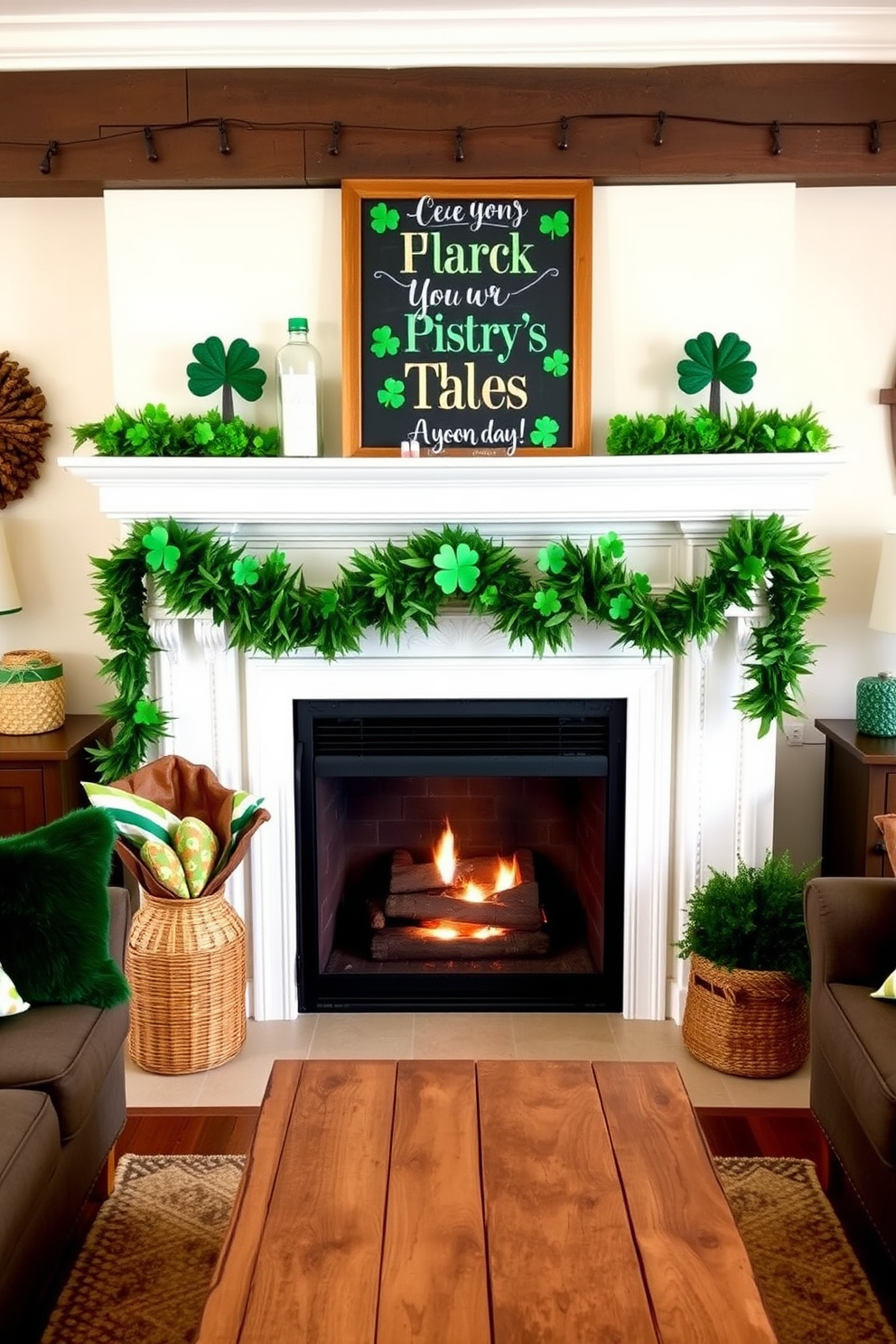 A cozy living room setting featuring a fireplace adorned with seasonal decorations for St. Patrick's Day. The mantel is decorated with green garlands, shamrocks, and a chalkboard displaying festive messages in colorful chalk. The fireplace has a warm glow, creating a welcoming atmosphere. A comfortable seating area with plush green cushions and a rustic coffee table completes the inviting space.