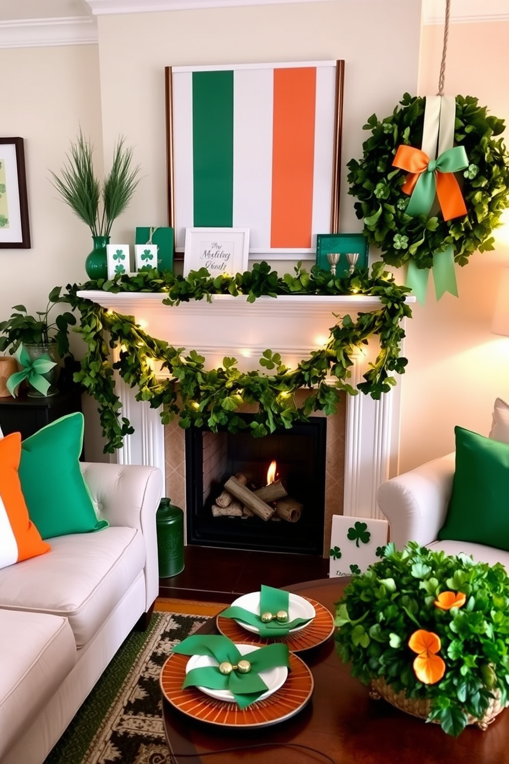 A cozy living room adorned with decorative elements in the colors of the Irish flag. The space features green, white, and orange accents through throw pillows, wall art, and a festive table setting. A charming fireplace serves as the focal point, draped with a garland of shamrocks and twinkling fairy lights. St. Patrick's Day decorations, including a wreath made of green foliage, enhance the festive atmosphere.