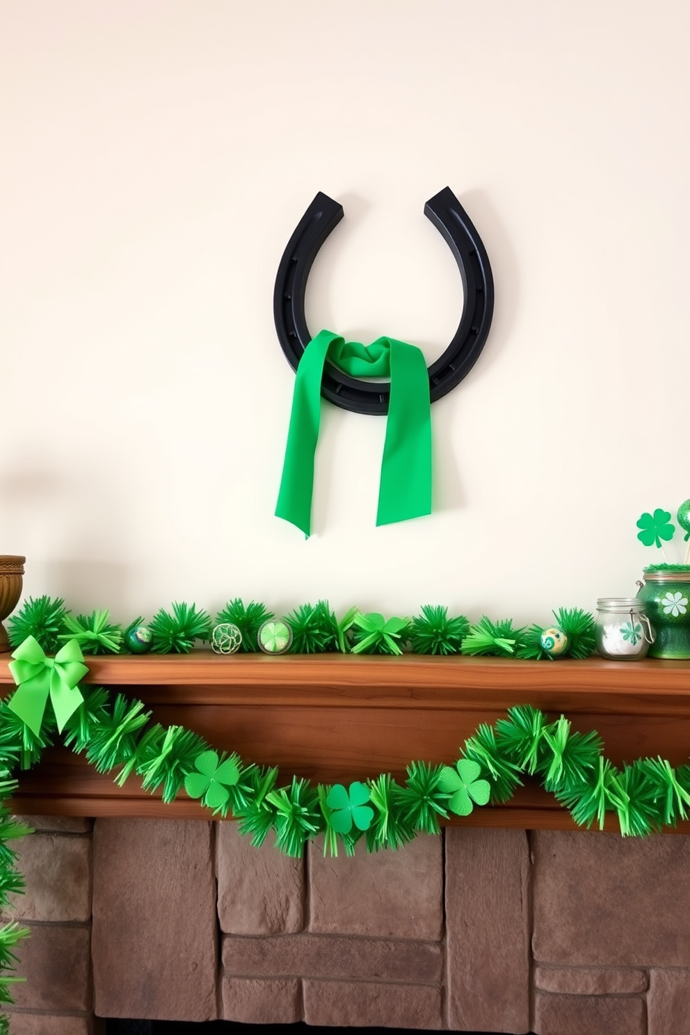 A lucky horseshoe is displayed prominently above a rustic wooden mantel, symbolizing good fortune. The mantel is adorned with vibrant green garlands and cheerful St. Patrick's Day decorations, creating a festive atmosphere.