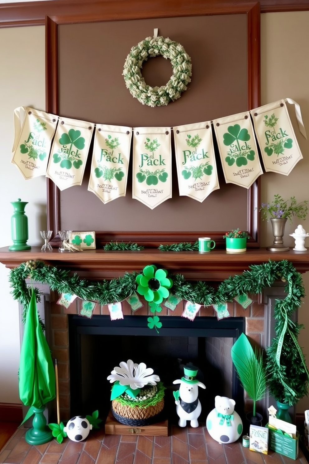 A vintage seed pack banner drapes elegantly across the mantel, adding a charming touch to the room. Below the banner, the fireplace is adorned with festive St. Patrick's Day decorations, featuring green accents and whimsical elements that celebrate the holiday spirit.