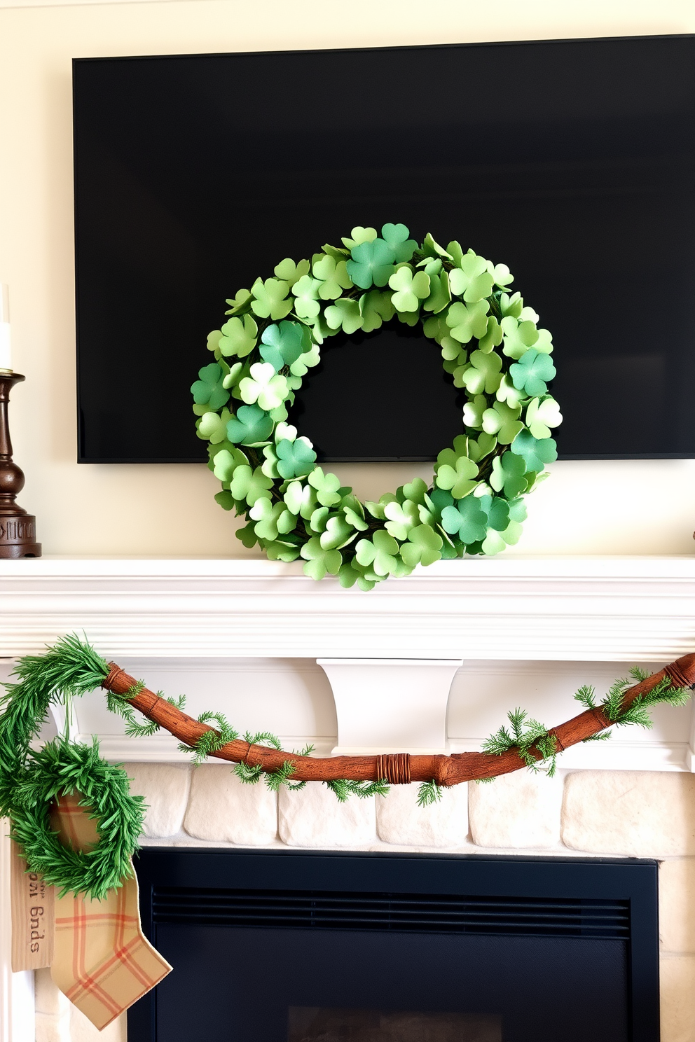 A beautiful arrangement of gold and green candles creates a warm and inviting atmosphere. The candles vary in height and are placed on an elegant tray adorned with decorative moss and small shamrocks for a festive touch. The fireplace is elegantly decorated for St. Patrick's Day with garlands of green leaves and twinkling fairy lights. A collection of gold accents, such as picture frames and small sculptures, enhances the cozy ambiance while celebrating the holiday spirit.