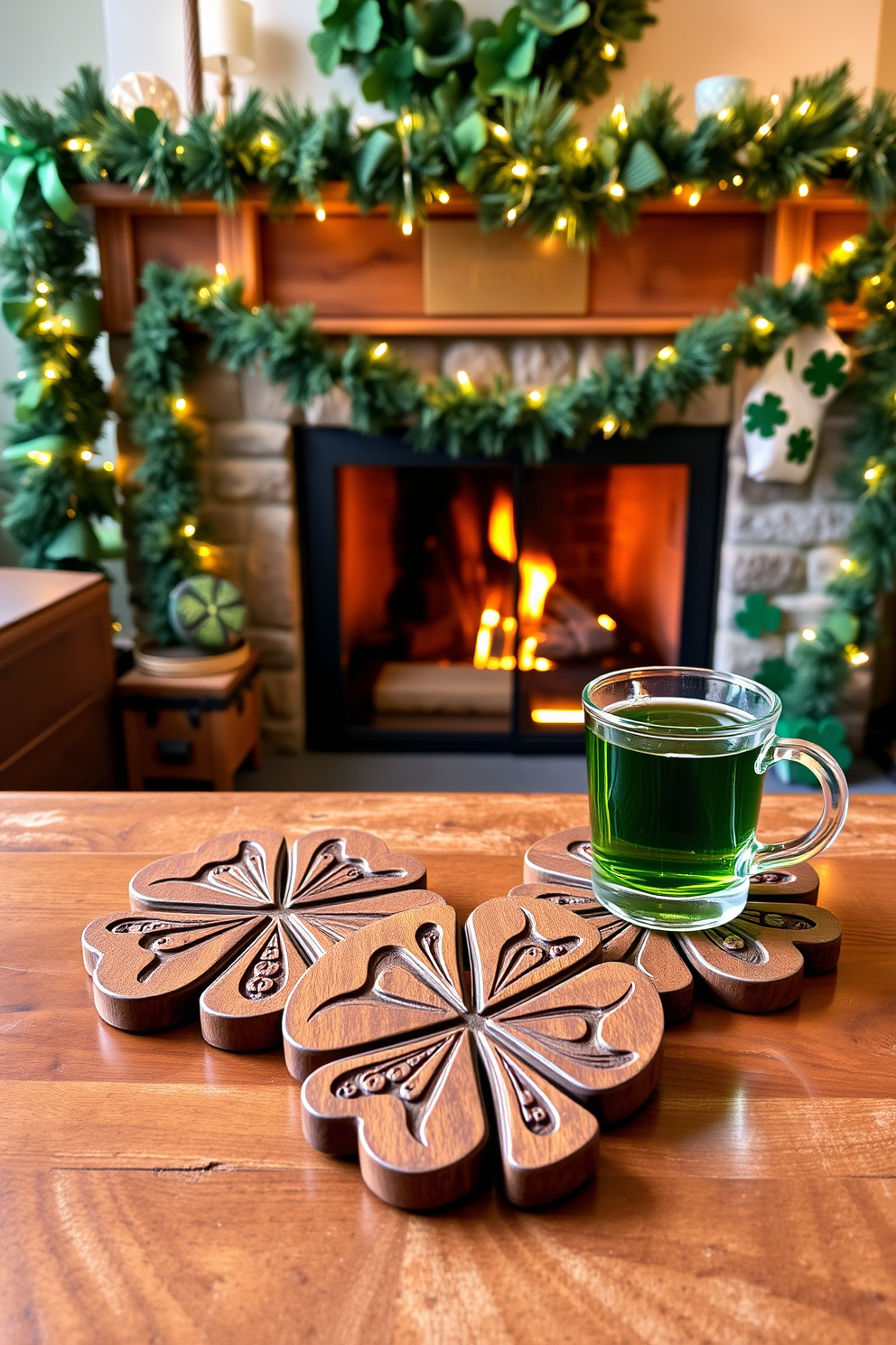 Shamrock shaped coasters for drinks made from polished wood with intricate carvings. They are placed on a rustic wooden coffee table next to a steaming cup of green tea. A cozy fireplace adorned with festive St. Patrick's Day decorations. The mantle is draped with green garlands and twinkling fairy lights, complemented by gold and white accents.