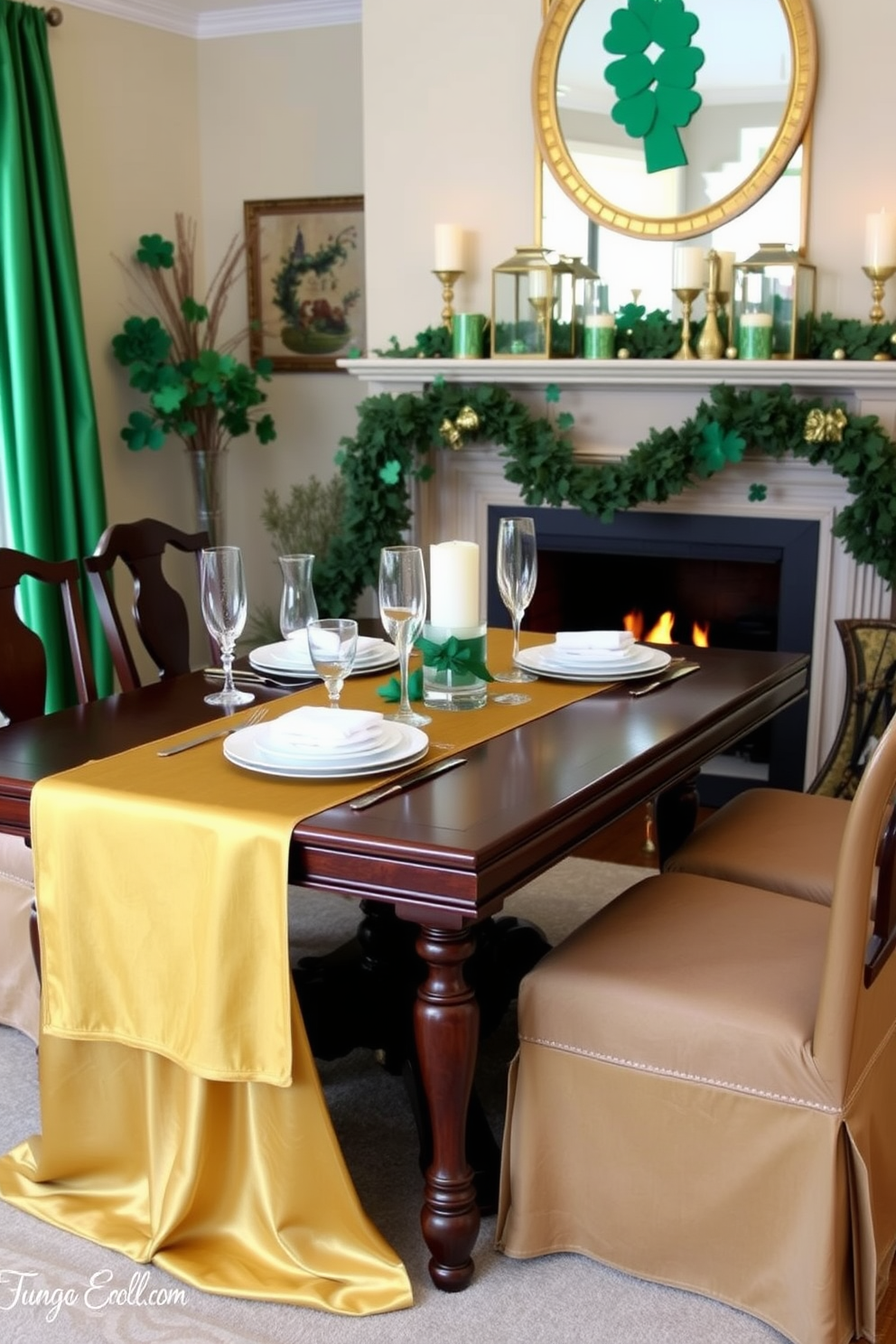 A beautifully set dining table features gold and green table runners that elegantly drape over the edges. The runners complement fine china and crystal glassware, creating a festive atmosphere for St. Patrick's Day celebrations. The fireplace is adorned with seasonal decorations, including garlands of shamrocks and candles in green and gold holders. A cozy seating area nearby invites guests to gather and enjoy the warmth and charm of the holiday decor.