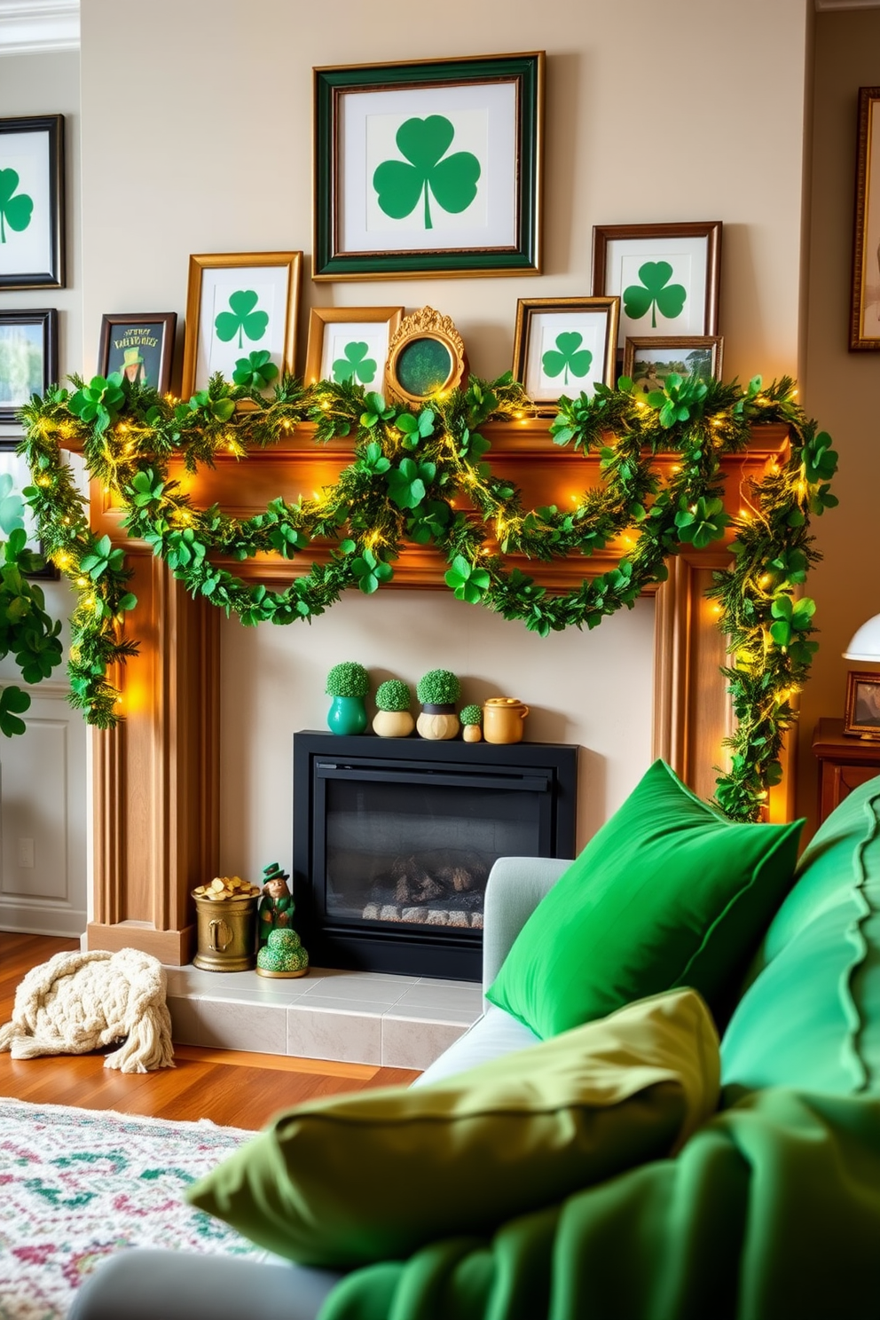 A cozy living room adorned for St. Patrick's Day features hanging lanterns with green candles inside, casting a warm and inviting glow. The fireplace is beautifully decorated with garlands of shamrocks and vibrant green accents, creating a festive atmosphere.