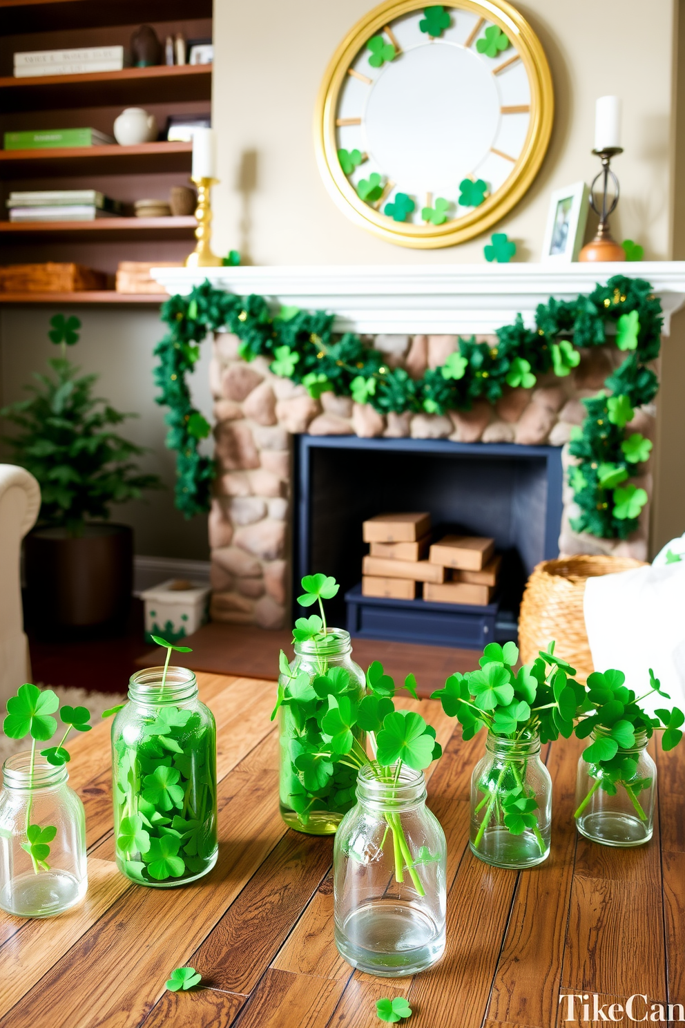 A cozy living room setting for St. Patrick's Day. There are glass jars filled with vibrant green shamrocks placed on a rustic wooden coffee table. A charming fireplace serves as the focal point of the room. Above the mantel, a festive garland of shamrocks and gold accents adds a touch of holiday cheer.