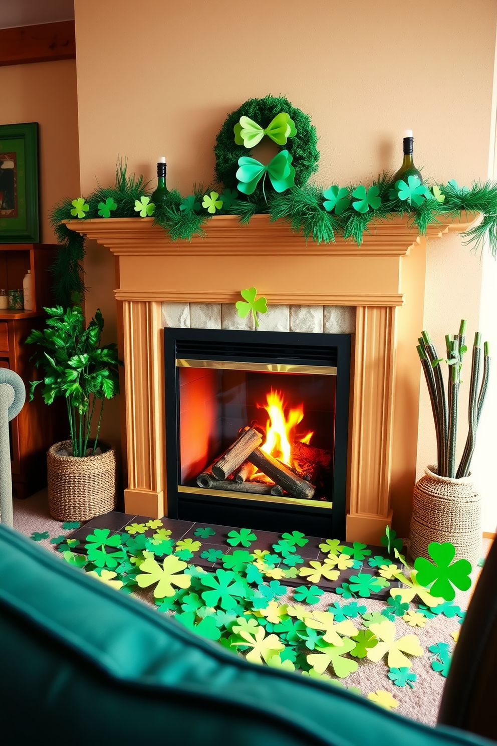 A cozy living room setting decorated for St. Patrick's Day. Colorful paper shamrocks are scattered around a warm, inviting fireplace, creating a festive atmosphere.