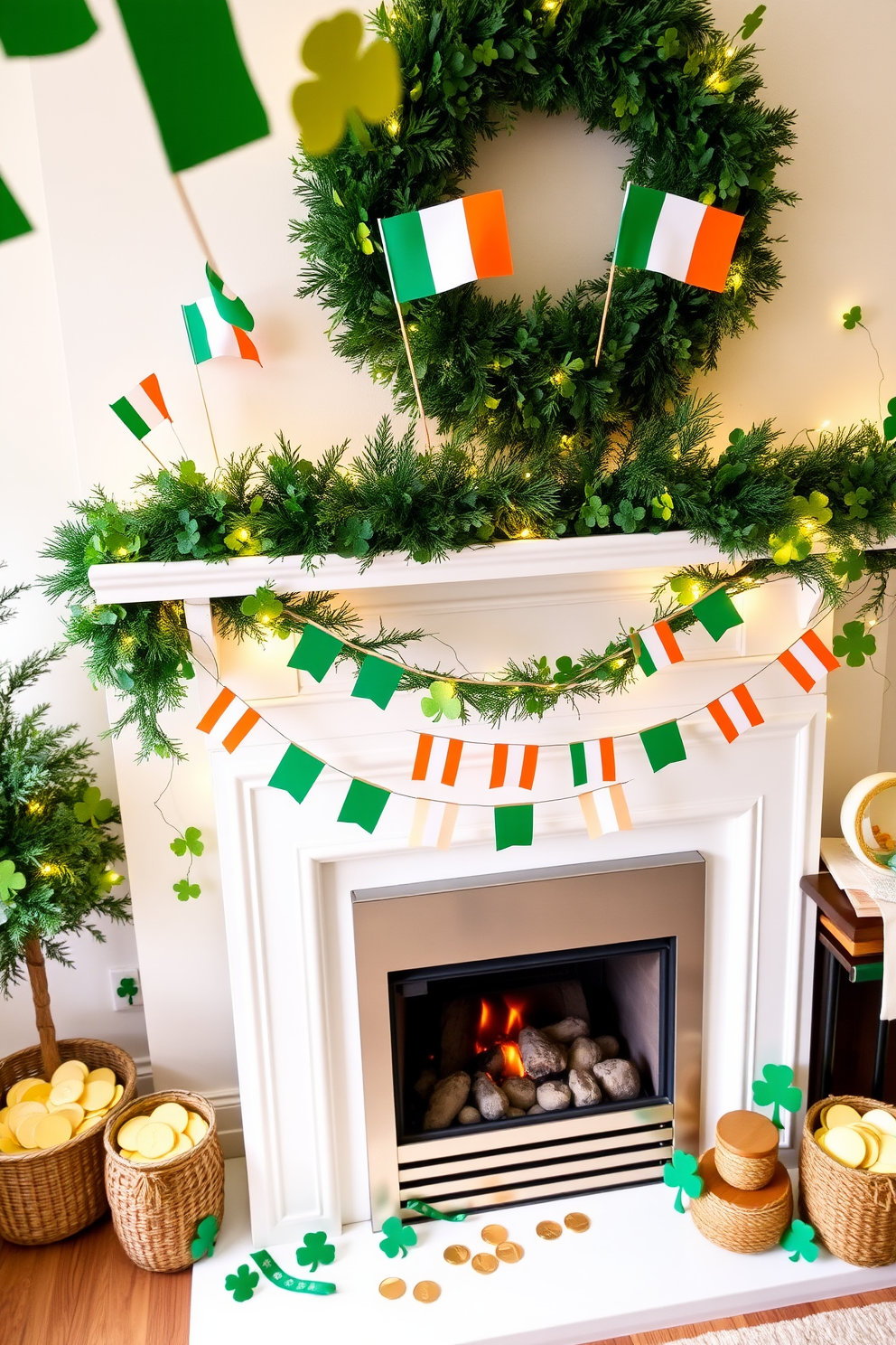 Mini Irish flag picks are placed strategically throughout the decorations, adding a festive touch to the overall ambiance. The vibrant green, white, and orange colors of the flags create a cheerful and celebratory atmosphere for St. Patrick's Day. A beautifully arranged fireplace serves as the focal point of the room, adorned with garlands of greenery and twinkling fairy lights. Complementing the seasonal decor, the mantel is decorated with themed accents such as shamrocks and gold coins, enhancing the festive spirit.