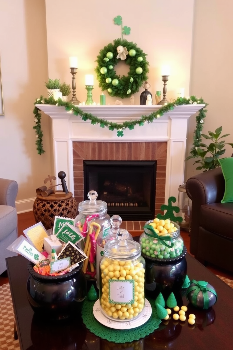 A collection of gold painted rocks is arranged artistically on a sleek wooden shelf, adding a touch of luxury and uniqueness to the space. The rocks vary in size and shape, reflecting light beautifully and serving as a conversation starter in the room. A cozy fireplace is adorned with festive St. Patrick's Day decorations, featuring green garlands and twinkling fairy lights. Above the mantel, a charming display of shamrocks and gold accents creates a warm and inviting atmosphere for the holiday.