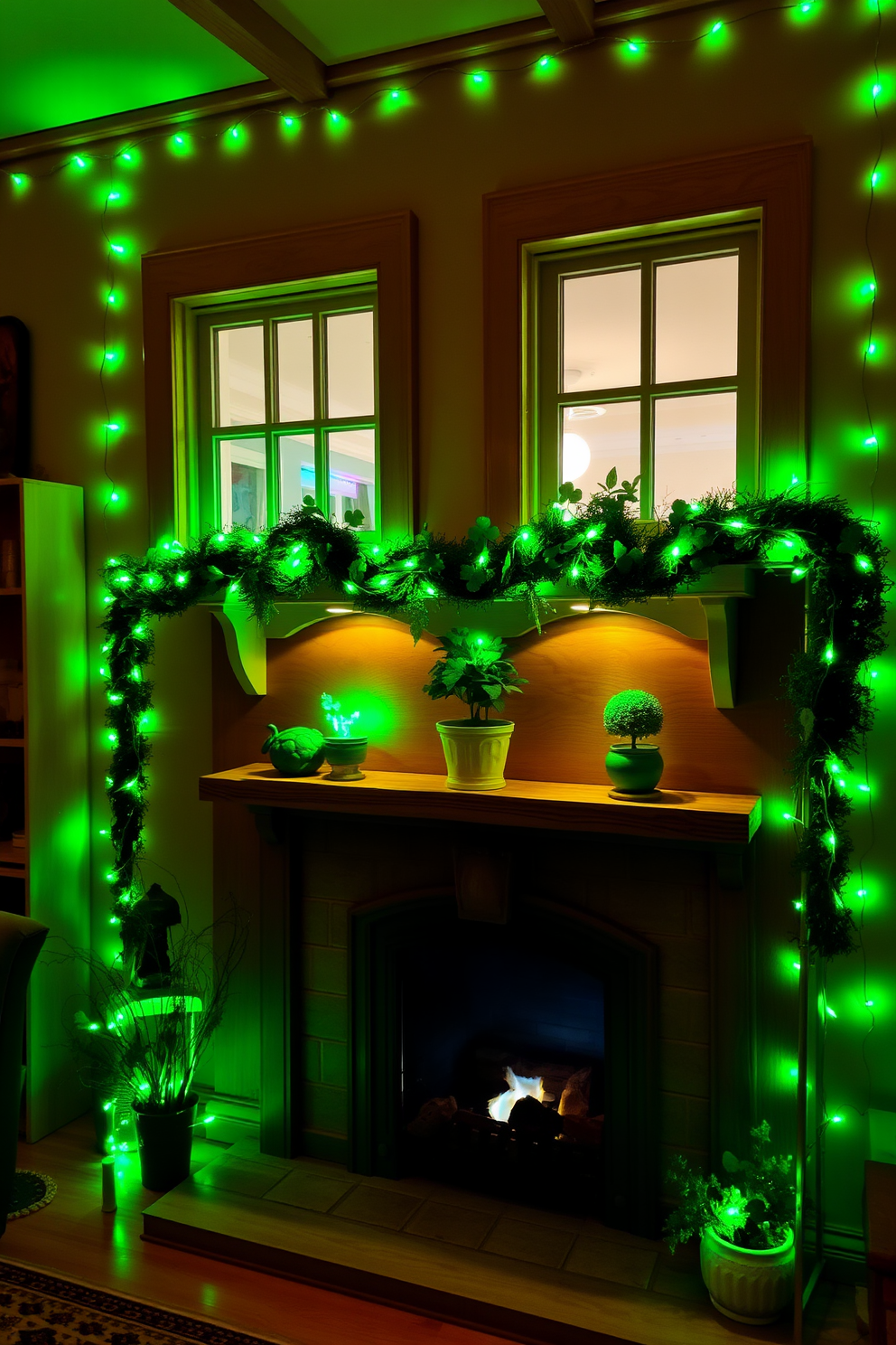 Whimsical gnomes in green attire are playfully arranged around a cozy fireplace. The mantle is adorned with festive St. Patrick's Day decorations, including shamrocks and twinkling fairy lights.