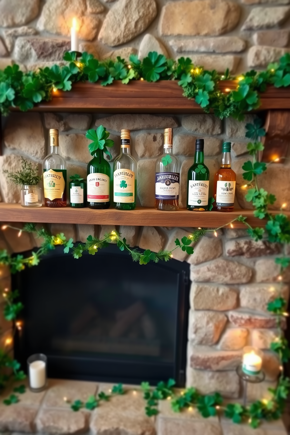 Decorated Irish whiskey bottles arranged artfully on a rustic wooden shelf. The bottles feature intricate labels and are complemented by small green plants and candles for a cozy ambiance. A classic stone fireplace adorned with festive St. Patrick's Day decorations. Garlands of shamrocks and twinkling lights frame the fireplace, creating a warm and inviting focal point for celebration.