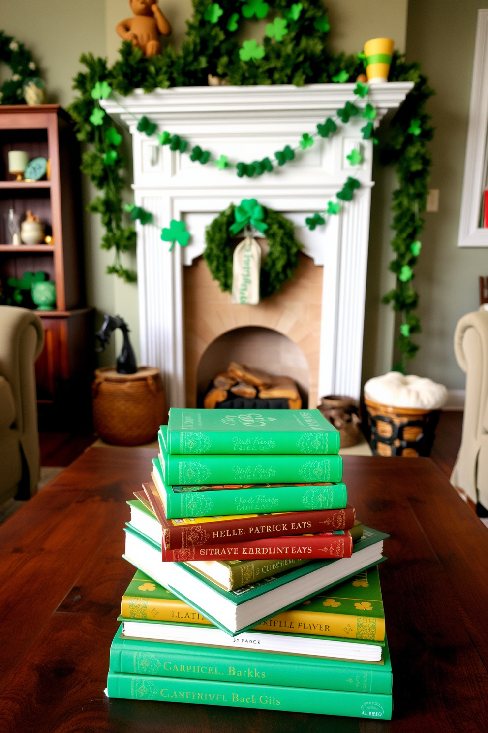 A cozy living room setting featuring seasonal books stacked with vibrant green covers on a rustic wooden coffee table. In the background, a charming fireplace is adorned with festive St. Patrick's Day decorations, including shamrocks and garlands.