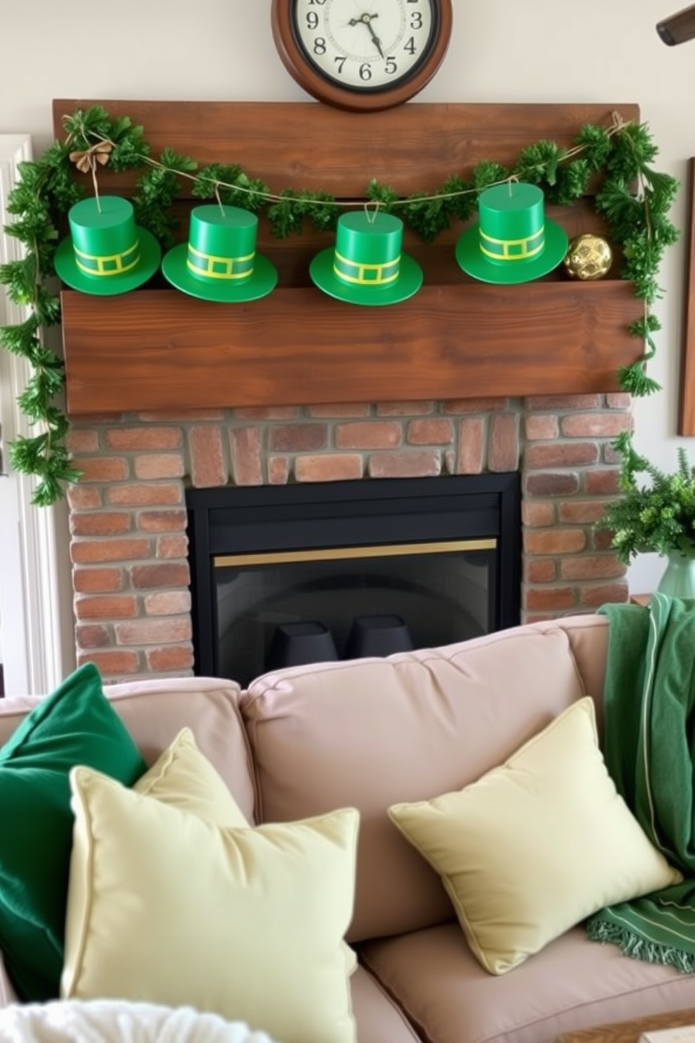 A charming mantel adorned with vintage Irish postcards captures the essence of St. Patrick's Day. The fireplace, framed by rustic stone, serves as a warm focal point, inviting a festive atmosphere to the room.