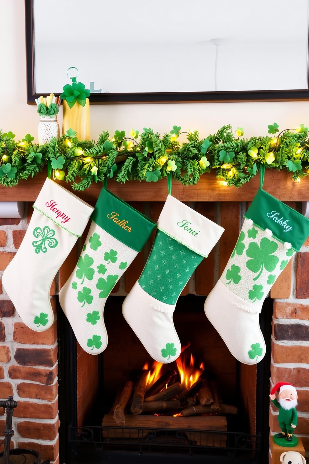 Personalized St. Patrick's Day stockings are hung with care along a rustic mantle. Each stocking features unique embroidery and festive green patterns, adding a touch of charm to the holiday decor. The fireplace is adorned with vibrant garlands of shamrocks and twinkling fairy lights. Surrounding the hearth are decorative accents like gold coins and small leprechaun figurines that enhance the St. Patrick's Day spirit.