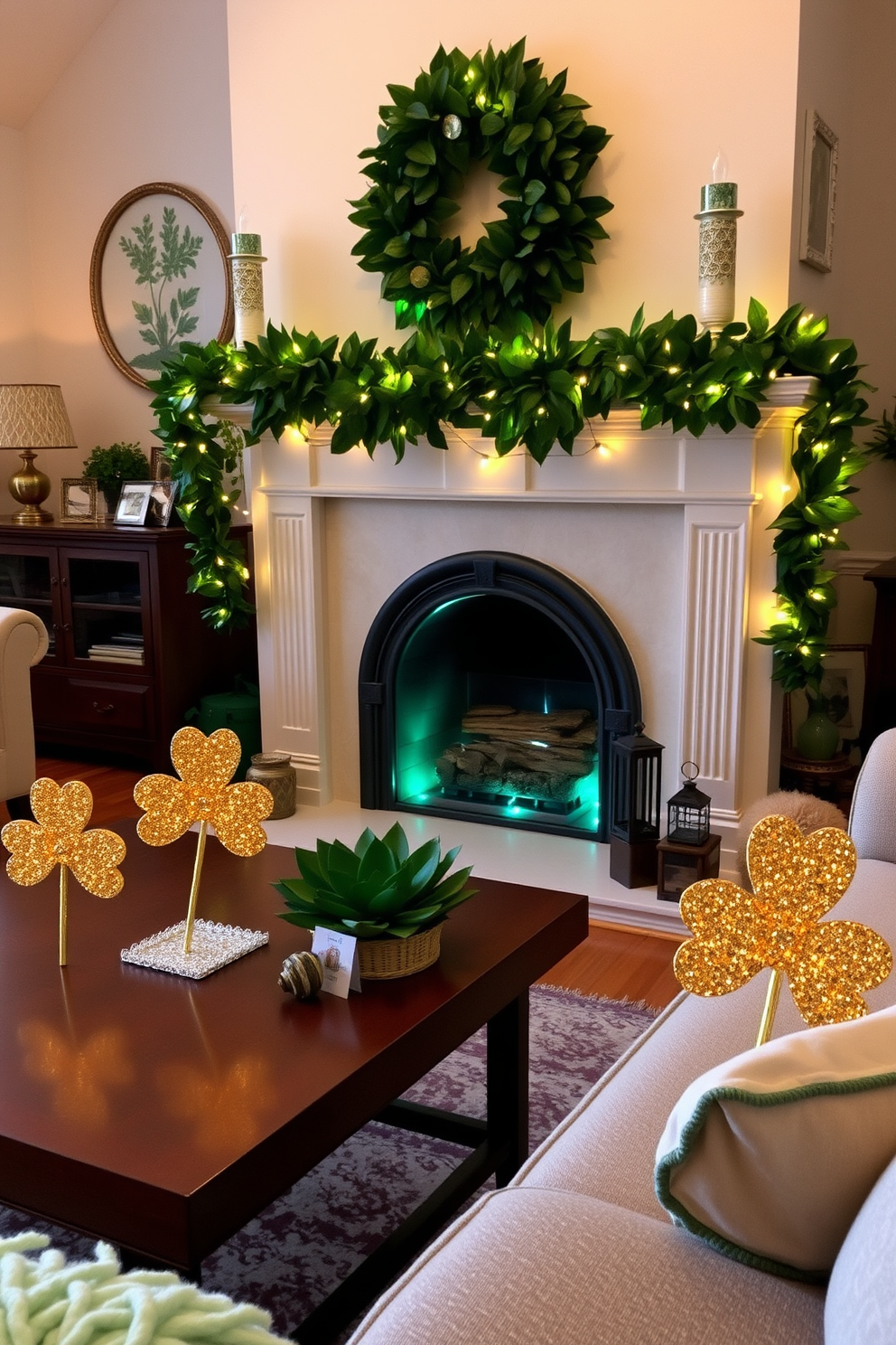 A cozy living room adorned with festive St. Patrick's Day decorations. Gold glittery shamrock accents are placed strategically on the mantelpiece and coffee table, adding a touch of sparkle to the space. The fireplace is elegantly decorated with a garland of green leaves and twinkling fairy lights. A warm and inviting atmosphere is created, perfect for celebrating the holiday with family and friends.