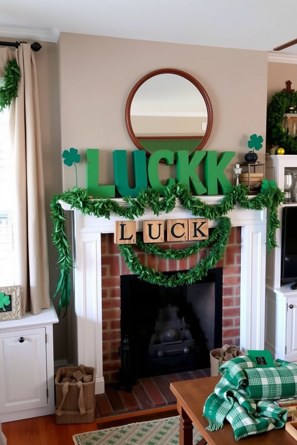 A cozy living room featuring rustic wooden blocks that spell out the word luck. The fireplace is adorned with green garlands and decorative elements celebrating St. Patrick's Day.