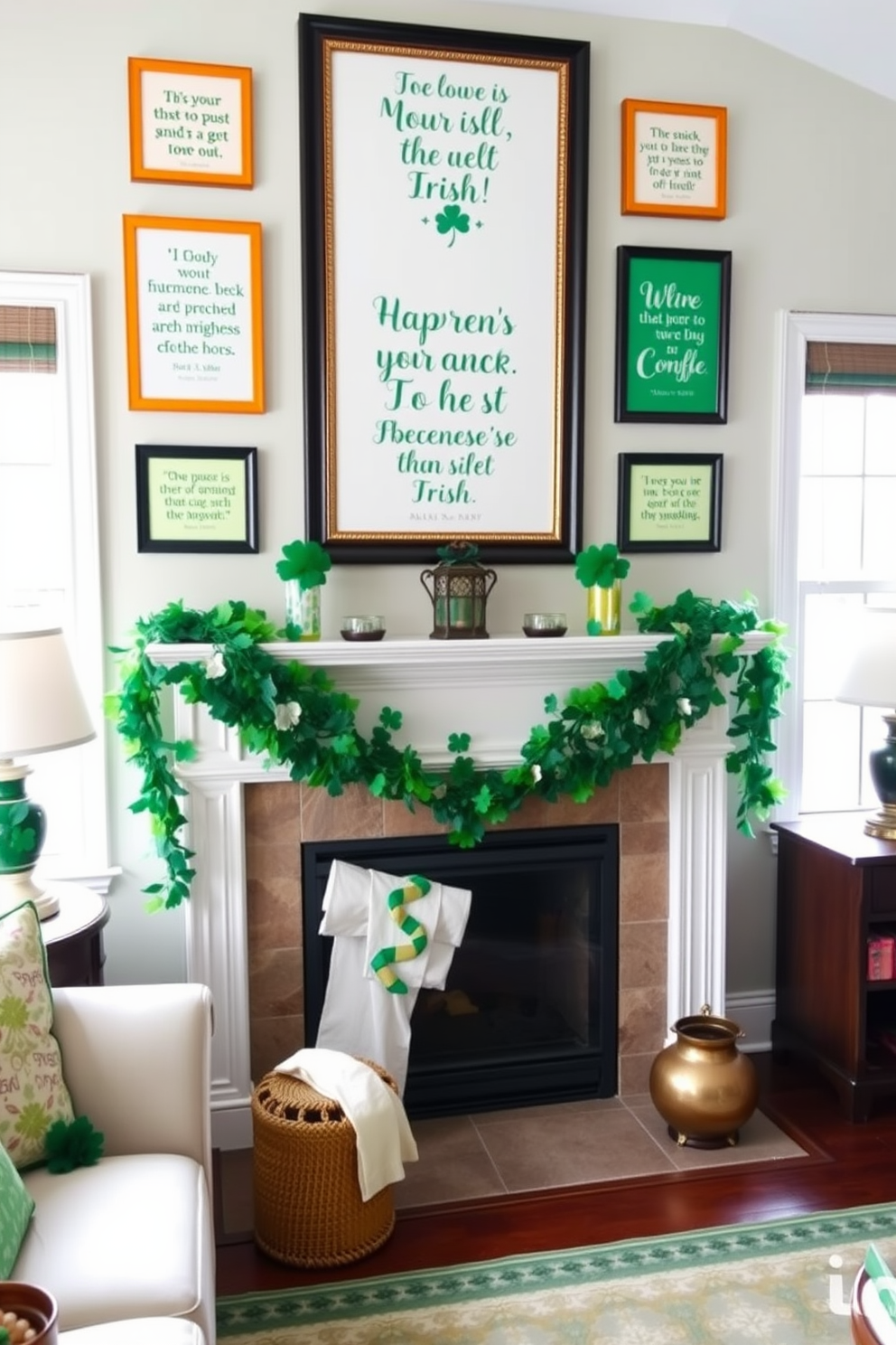 A cozy living room adorned with framed Irish quotes in bright, cheerful frames, each quote reflecting the spirit of St. Patrick's Day. The fireplace is elegantly decorated with green garlands and shamrock accents, creating a festive atmosphere that invites warmth and celebration.