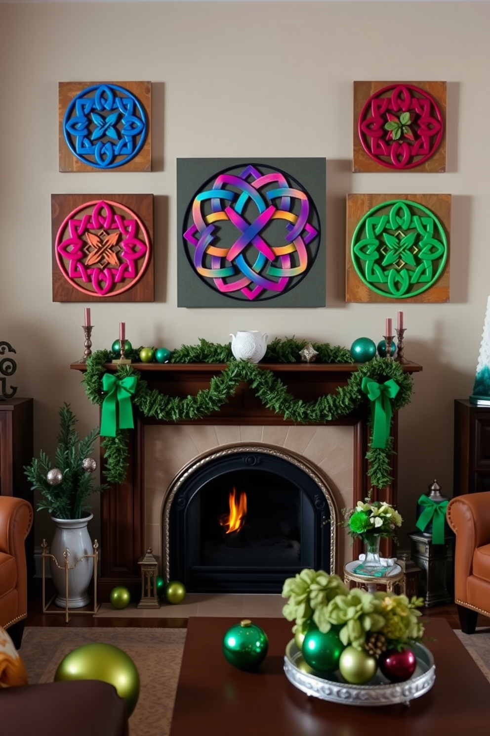 A cozy living room featuring wall art adorned with intricate Celtic knot designs in vibrant colors. The centerpiece is a beautifully crafted fireplace, surrounded by tasteful decorations for St. Patrick's Day, including green accents and themed ornaments.