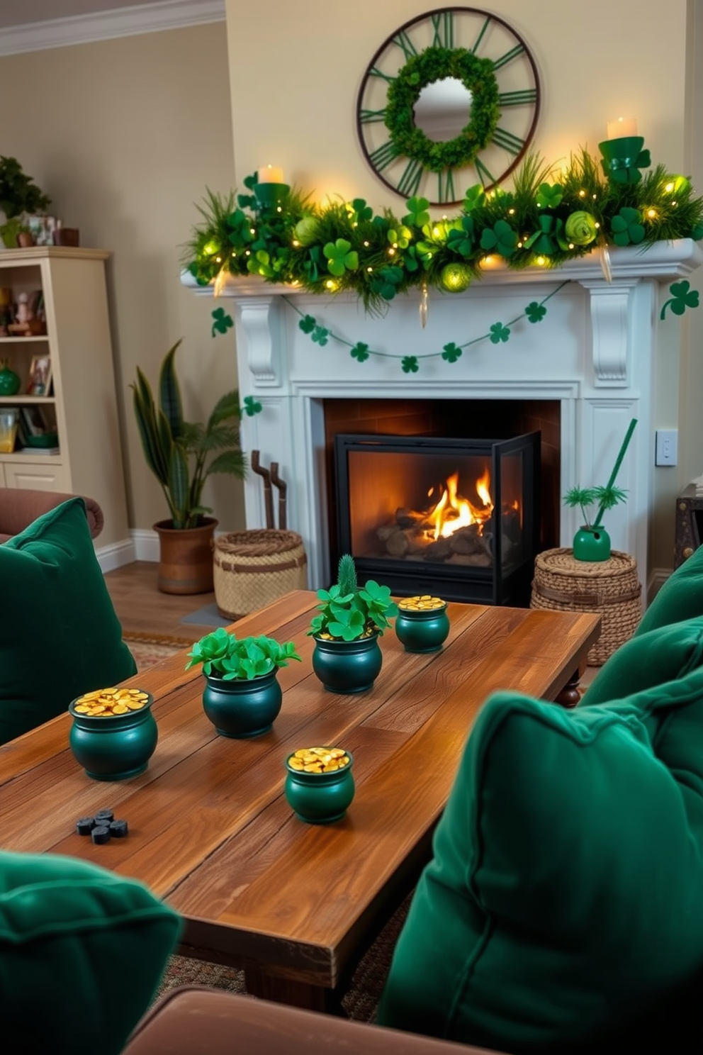 A cozy living room setting for St. Patrick's Day. Miniature pots of gold are arranged as centerpieces on a rustic wooden coffee table surrounded by plush green cushions. A charming fireplace adorned with festive decorations. Above the mantel, a garland of shamrocks and twinkling fairy lights creates a warm and inviting atmosphere.