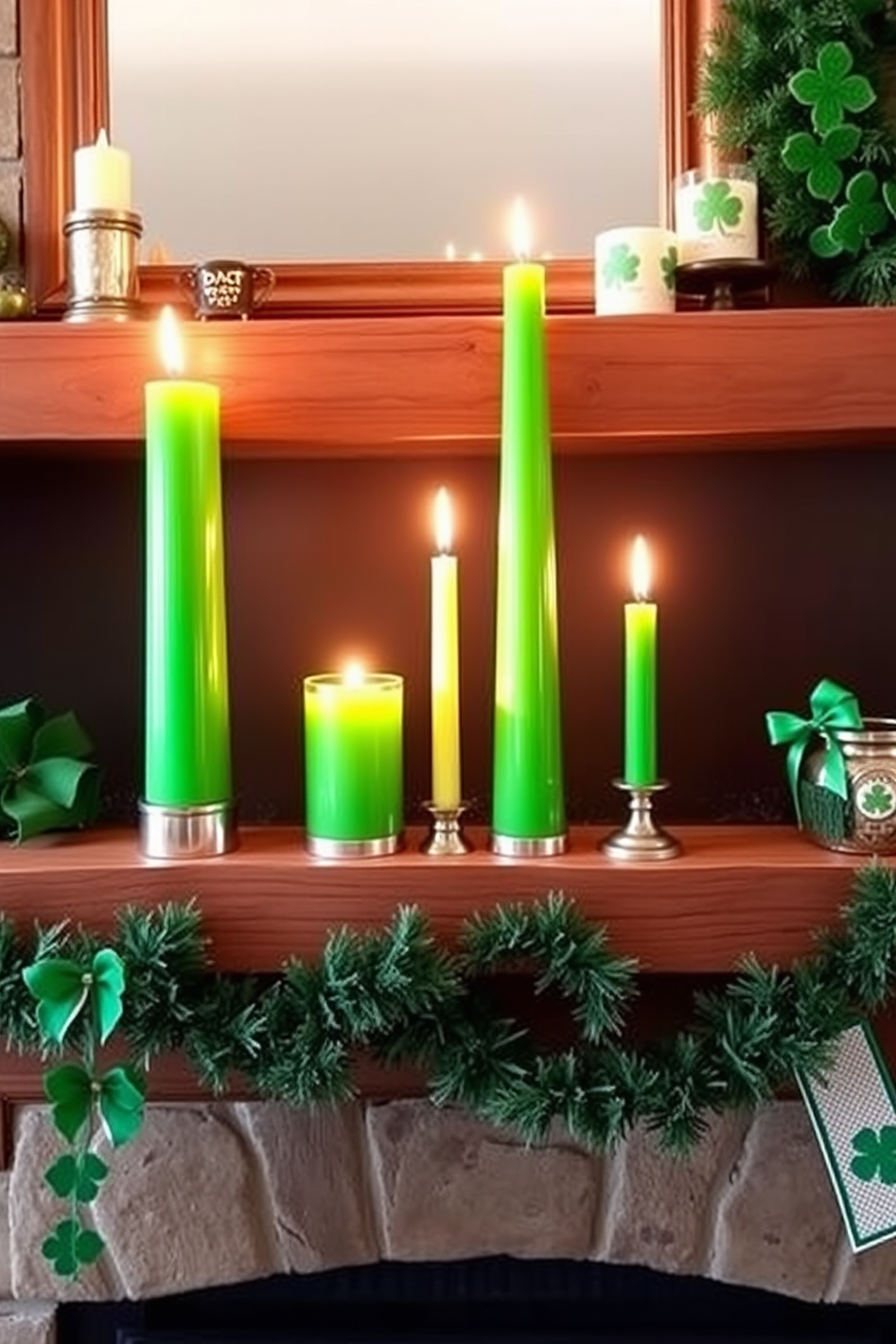 Bright green candles in varied heights are arranged on a rustic wooden mantel. The flickering flames create a warm ambiance, complementing the festive St. Patrick's Day decorations surrounding the fireplace.