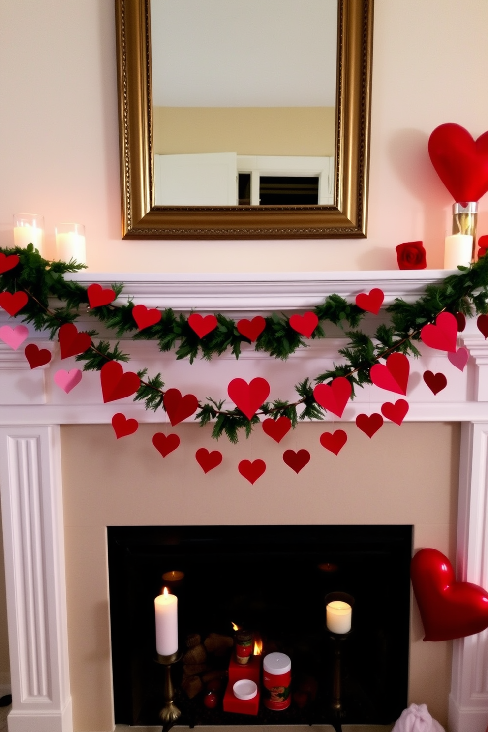 A heart garland is elegantly draped across the mantle creating a warm and inviting atmosphere. The fireplace beneath is adorned with subtle decorations that enhance the romantic theme of Valentine's Day.