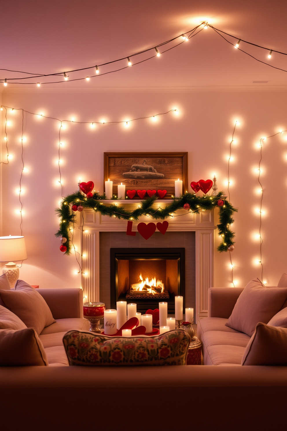 A cozy living room setting adorned with string lights that create a warm and inviting glow. The soft illumination highlights the plush furniture and adds a romantic atmosphere perfect for Valentine's Day. In front of the seating area, a beautifully arranged fireplace serves as the focal point of the room. The mantel is decorated with heart-shaped ornaments and candles, enhancing the festive spirit of the occasion.