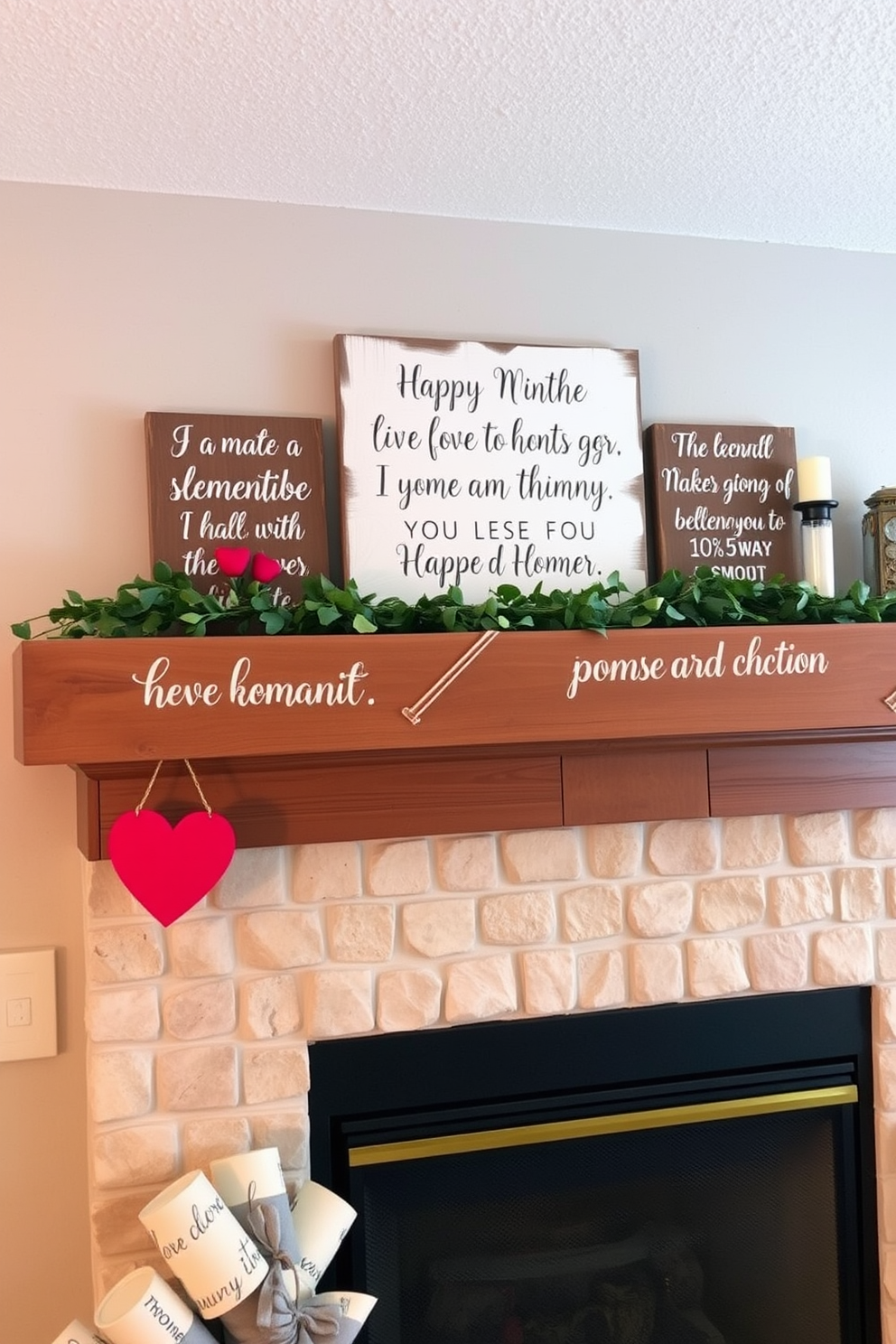 Rustic wooden signs adorned with romantic phrases create a warm and inviting atmosphere. These charming decorations can be placed above the fireplace or on the mantel to enhance the cozy ambiance for Valentine's Day.