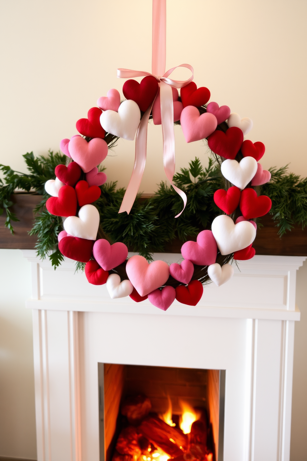 A charming seasonal wreath made of soft felt hearts in various shades of pink and red. The wreath is adorned with delicate ribbon and hangs gracefully above a cozy fireplace, creating a warm and inviting atmosphere for Valentine's Day.