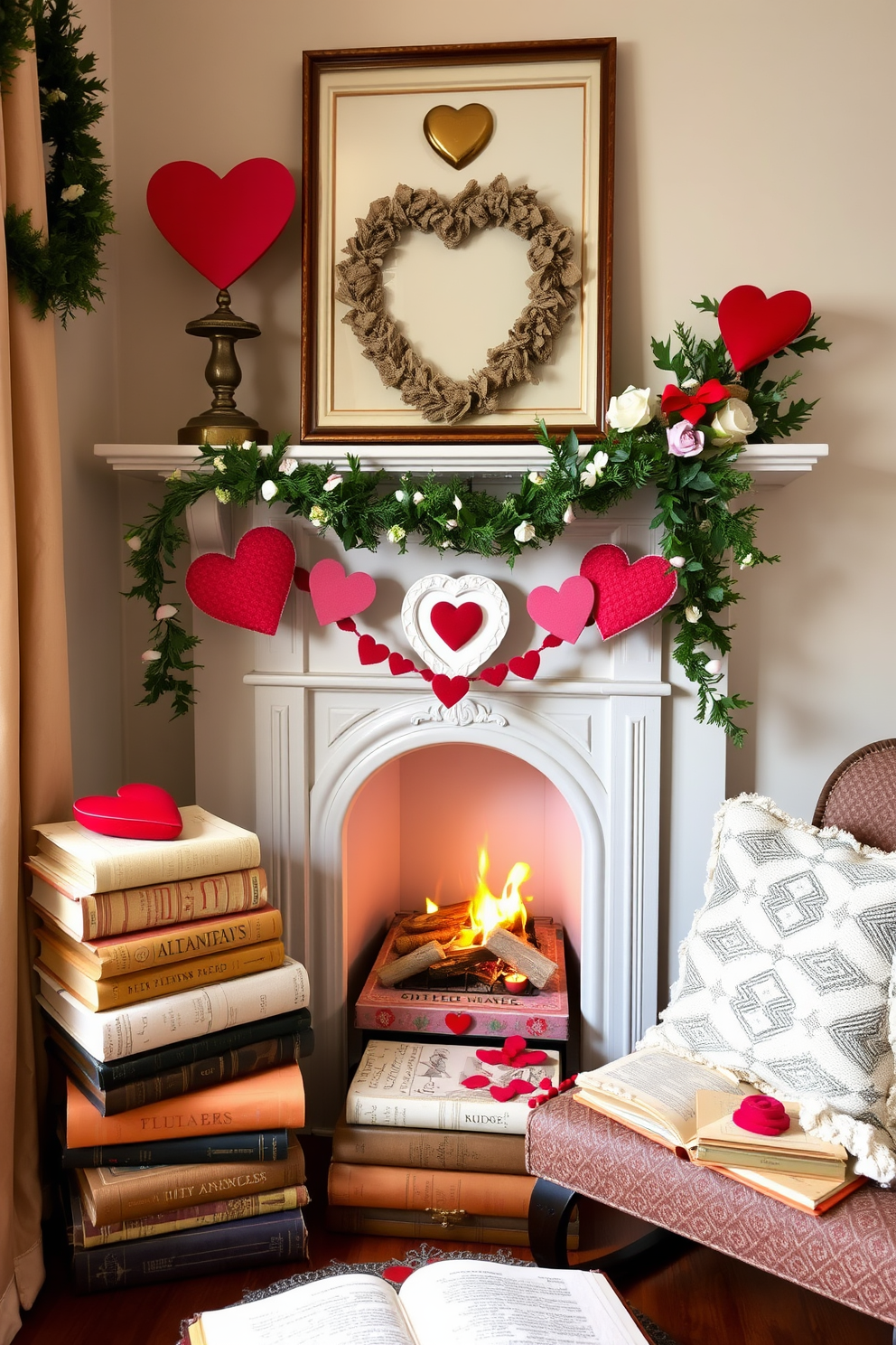 Create a cozy reading nook featuring vintage books stacked artfully with heart accents. A charming fireplace adorned with Valentine's Day decorations adds warmth and romance to the space.