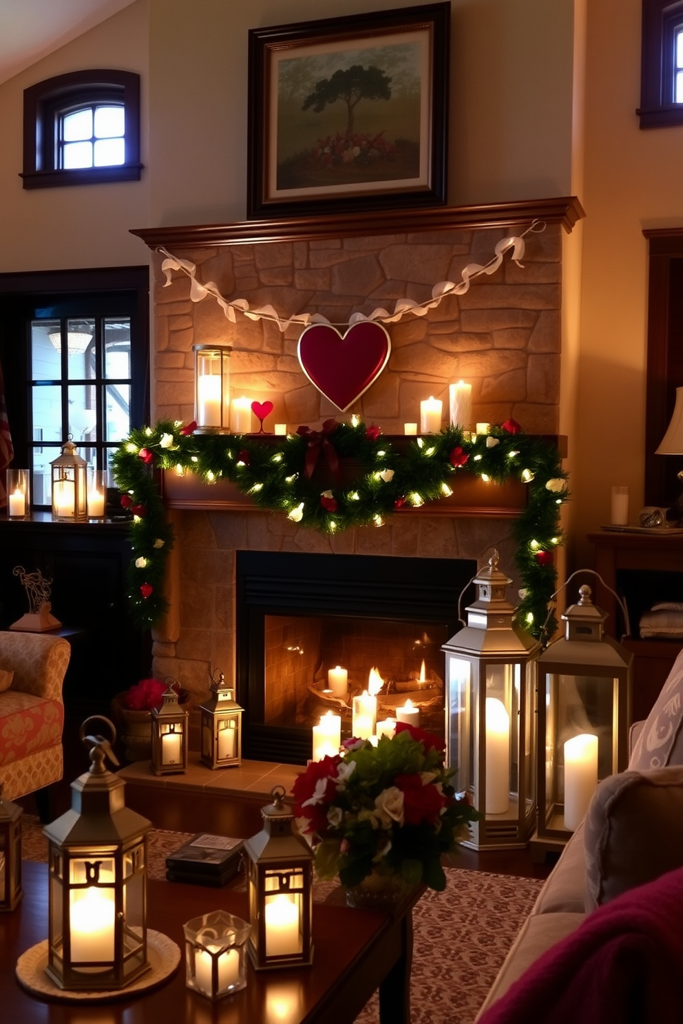 Create a cozy living room setting featuring a photo collage of loved ones displayed on a prominent wall. The fireplace is elegantly decorated with Valentine's Day themes, incorporating soft pink and red accents, candles, and heart-shaped ornaments.