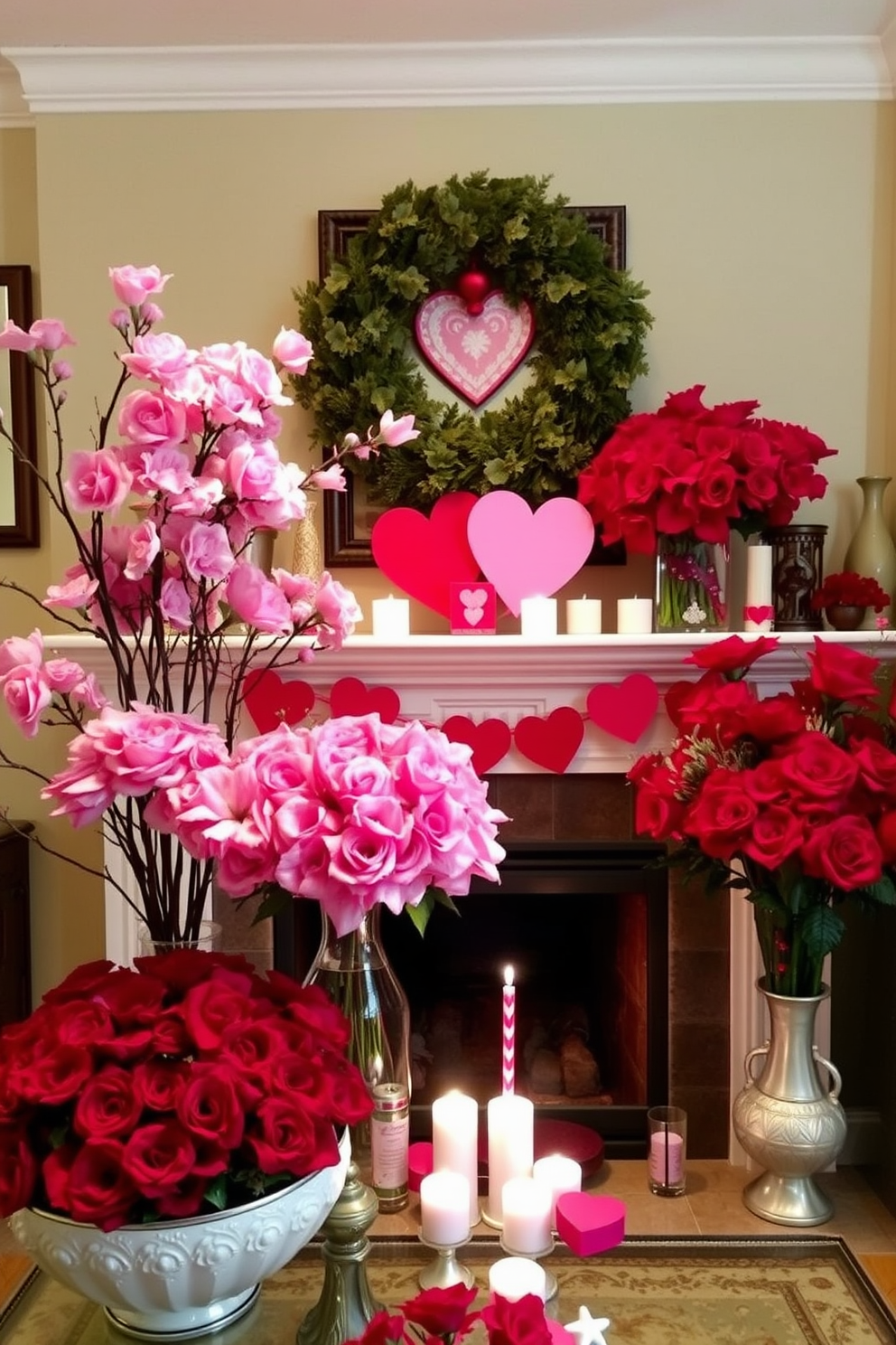 A collection of pink and red floral arrangements elegantly displayed in various decorative bowls. The vibrant colors create a warm and inviting atmosphere perfect for Valentine's Day celebrations. A cozy fireplace adorned with heart-themed decorations and soft, romantic lighting. The mantle features candles and small accents that enhance the festive spirit of the holiday.