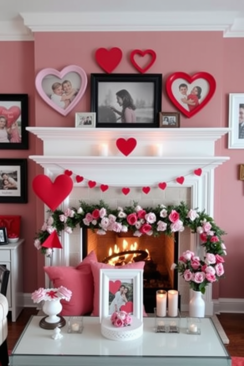 Create a cozy living room setting adorned with heart shaped photo frames showcasing cherished memories. The fireplace is elegantly decorated for Valentine's Day, featuring soft red and pink accents, candles, and a garland of fresh flowers draped along the mantel.