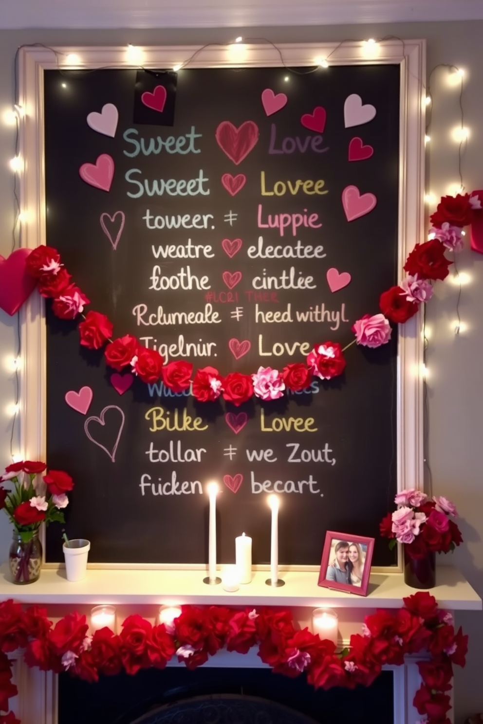 A chalkboard is adorned with sweet love messages written in colorful chalk. It is surrounded by heart-shaped decorations and twinkling fairy lights for a warm Valentine's Day ambiance. A cozy fireplace is decorated with garlands of red and pink flowers. On the mantel, there are candles and small framed photos of cherished moments together, creating a romantic atmosphere.