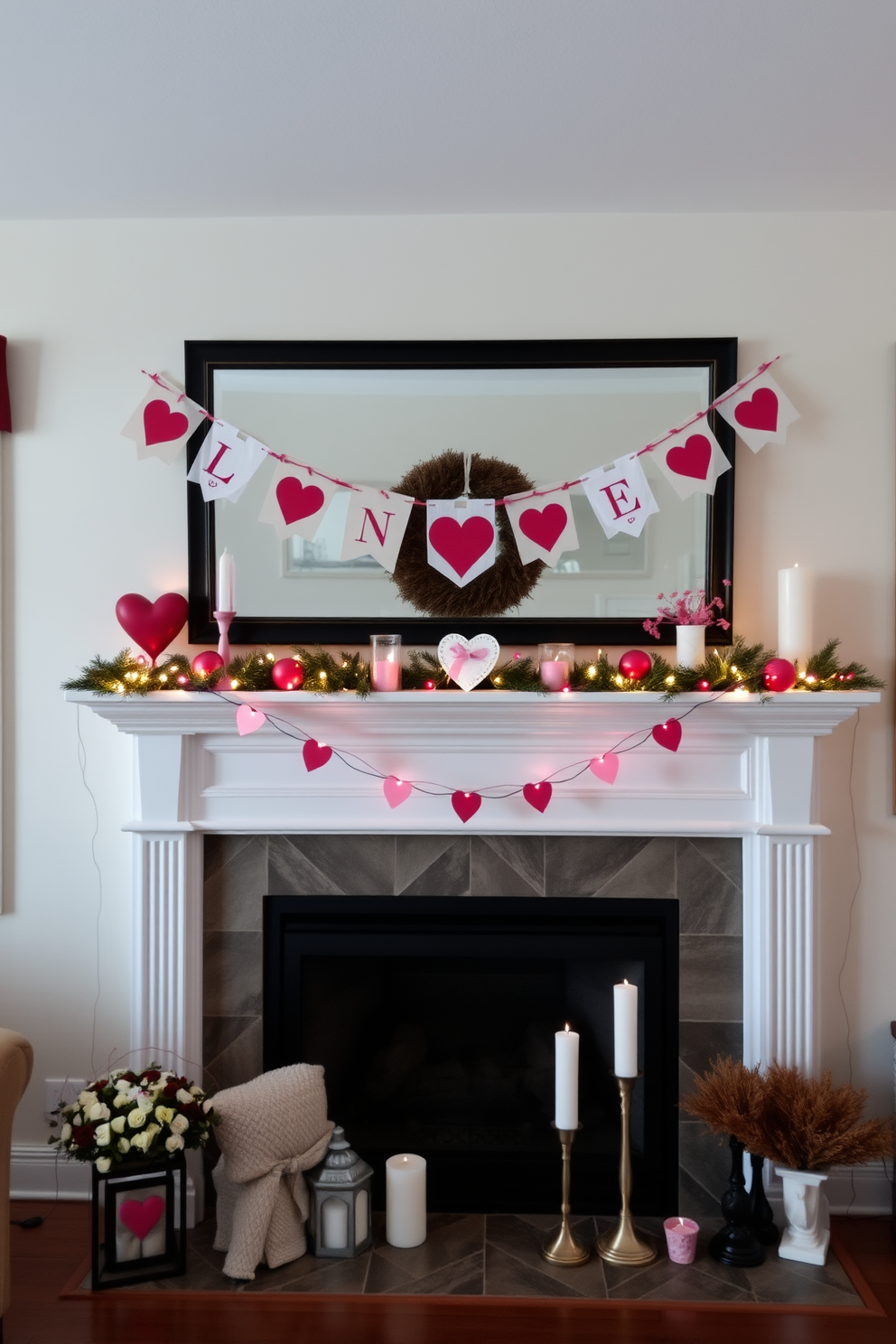 A cozy living room setting adorned with seasonal banners strung across the mantel. The fireplace is elegantly decorated with Valentine's Day themed accents, including heart-shaped garlands and candles.