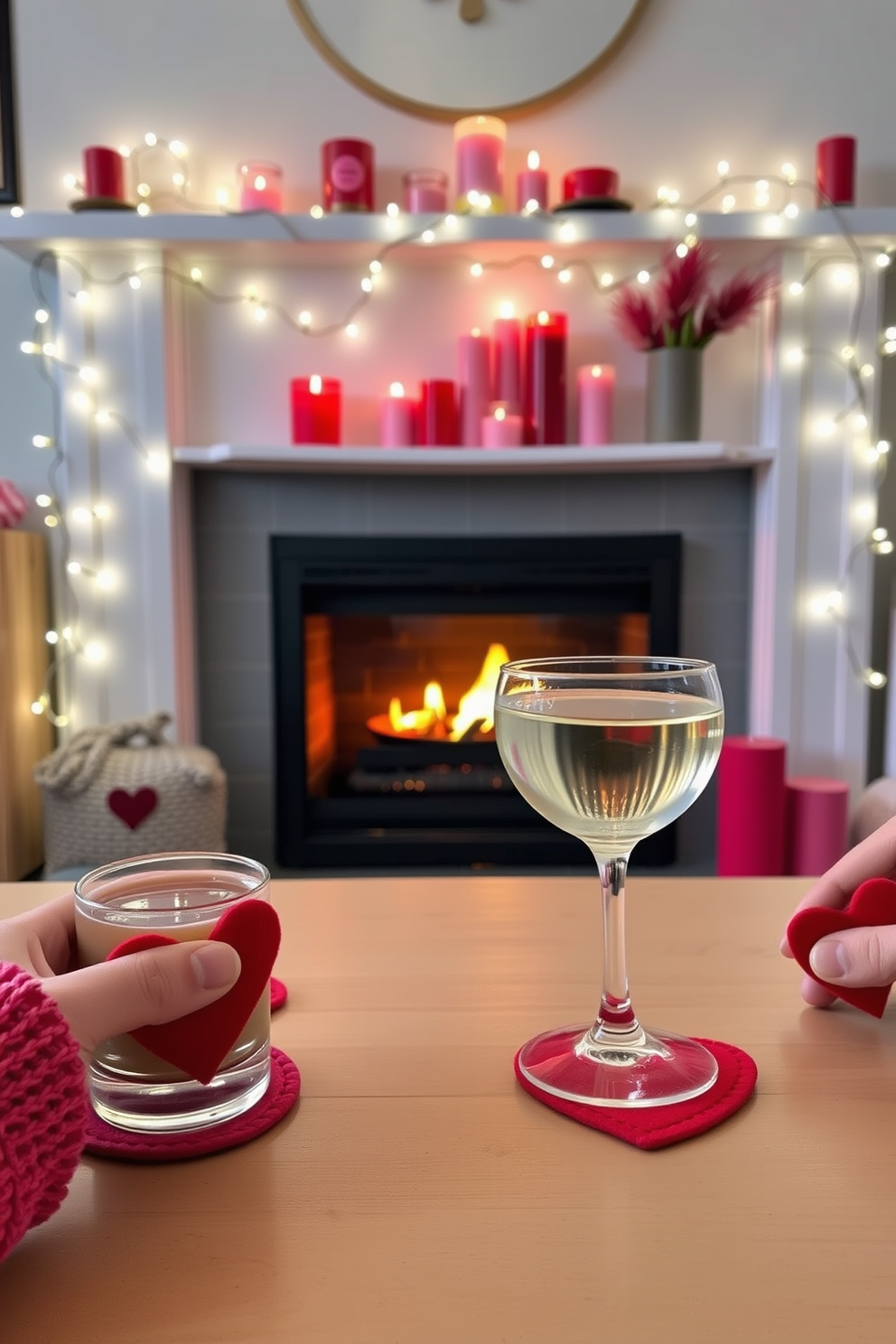 Create a cozy and romantic setting for Valentine's Day with felt heart coasters placed under each drink. The fireplace is beautifully decorated with soft white fairy lights and an assortment of red and pink candles, creating a warm and inviting atmosphere.