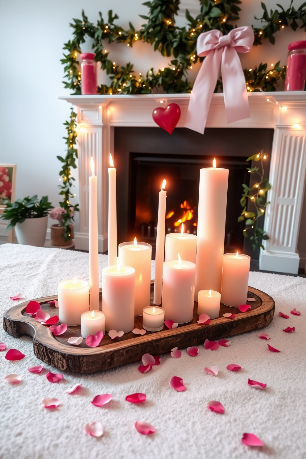 A beautiful arrangement of candles in varying heights creates a warm and inviting atmosphere. The candles are placed on a rustic wooden tray, surrounded by scattered rose petals and small heart-shaped decorations. The fireplace serves as the focal point of the room, adorned with elegant garlands of greenery and twinkling fairy lights. For Valentine's Day, soft pink and red accents are incorporated, enhancing the romantic ambiance.