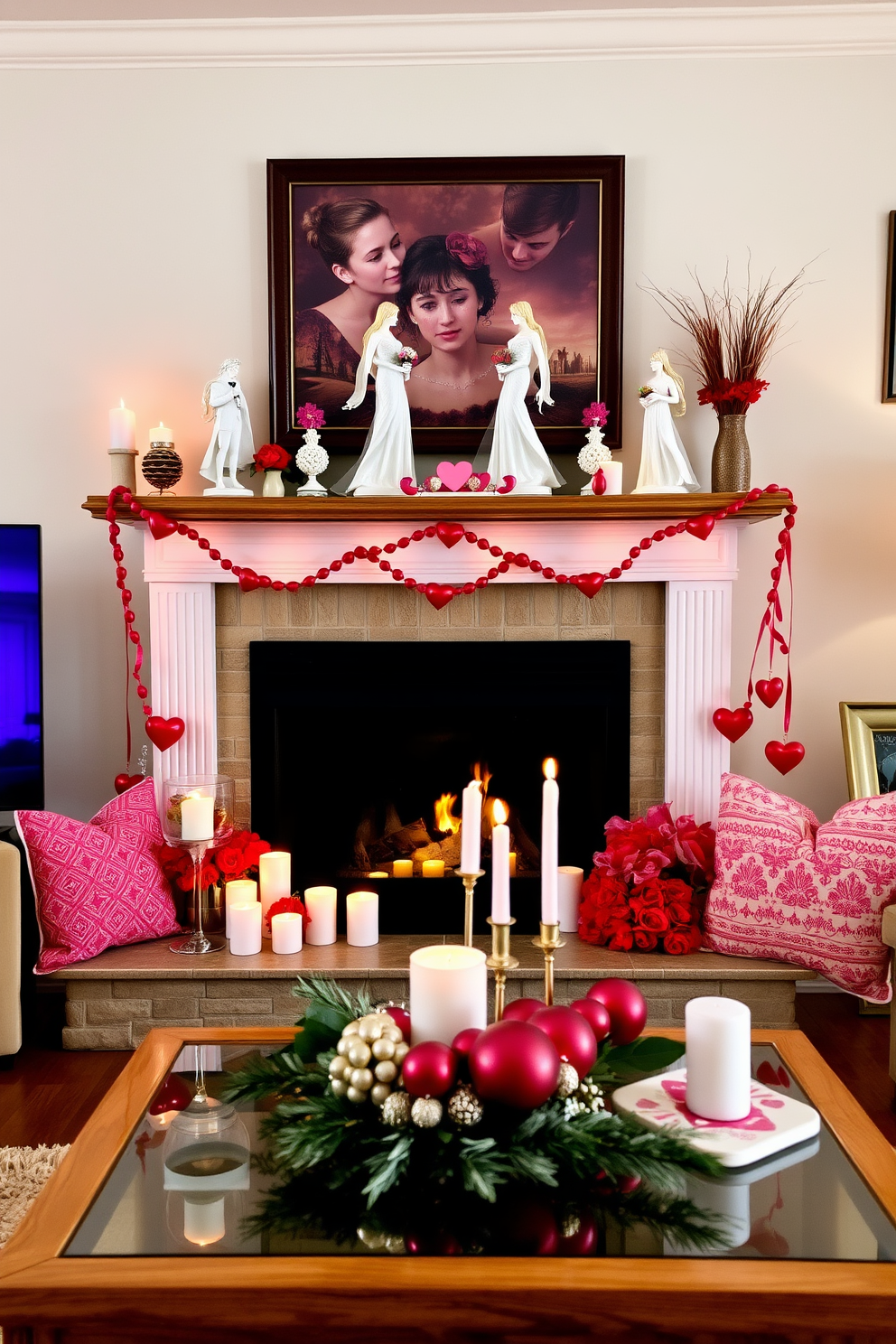 A cozy living room setting adorned with romantic themed figurines elegantly displayed on a wooden shelf. The fireplace is beautifully decorated for Valentine's Day, featuring soft red and pink accents, flickering candles, and heart-shaped ornaments.