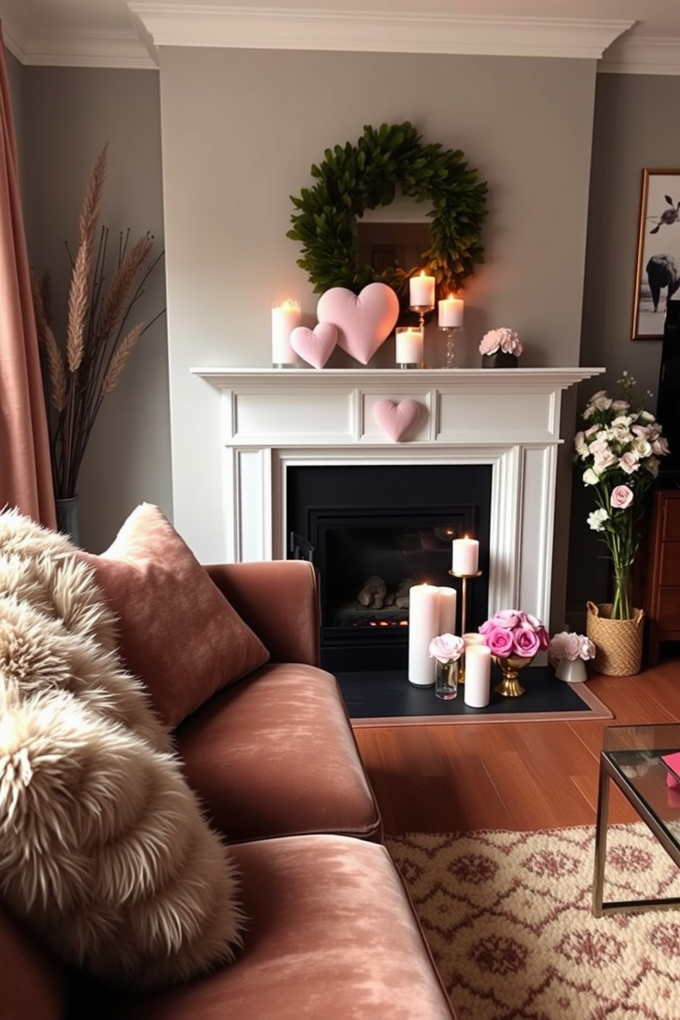 A cozy dining room featuring a wooden table adorned with a plaid table runner that adds warmth and texture. The table is set with elegant dishware and candles, creating an inviting atmosphere for a romantic dinner. A stylish living room showcasing a fireplace decorated for Valentine's Day with heart-shaped garlands and soft, romantic lighting. The mantel is adorned with decorative items and seasonal accents, enhancing the cozy ambiance.