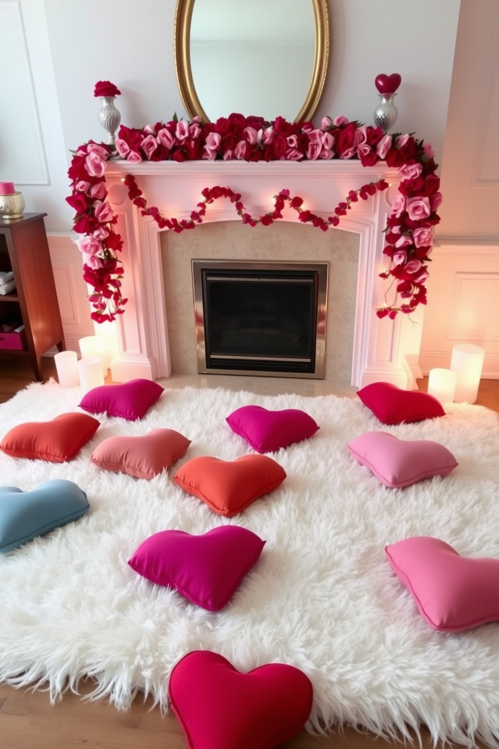 A cozy living room adorned with DIY heart shaped ornaments hanging from the mantelpiece above a warm fireplace. The fireplace is surrounded by soft blankets and plush pillows, creating an inviting atmosphere for Valentine's Day celebrations.