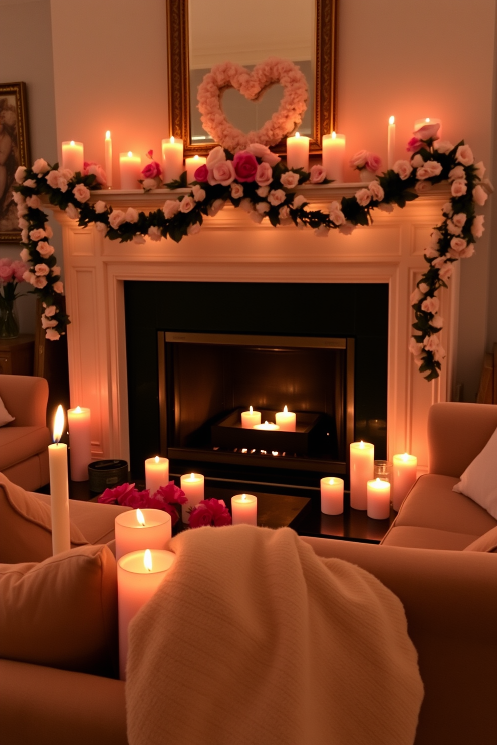 A cozy living room setting adorned with scented candles creating a romantic ambiance. The flickering candlelight casts a warm glow over plush seating arranged around a beautiful fireplace. The fireplace is elegantly decorated with seasonal Valentine's Day accents, including heart-shaped garlands and soft pink flowers. A soft throw blanket drapes over the arm of the couch, inviting relaxation and intimacy.