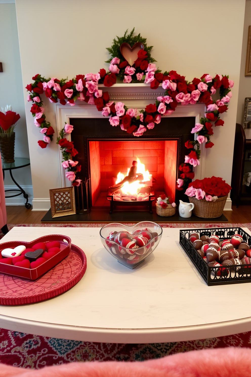 A cozy living room setting adorned for Valentine's Day. Decorative trays are arranged on the coffee table, filled with seasonal treats like heart-shaped cookies and chocolate-covered strawberries. A charming fireplace serves as the focal point, decorated with garlands of red and pink flowers. Soft, romantic lighting casts a warm glow, enhancing the festive atmosphere of love and celebration.