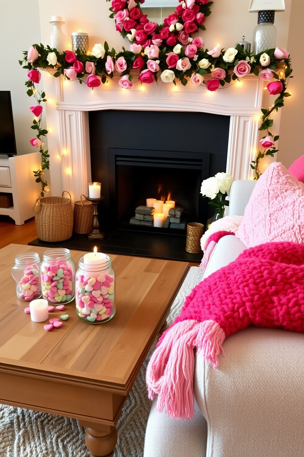 A cozy living room setting adorned for Valentine's Day. On a rustic wooden coffee table, glass jars filled with colorful conversation hearts are artfully arranged alongside heart-shaped candles. A charming fireplace serves as the focal point, decorated with garlands of faux roses and twinkling fairy lights. Plush throw blankets in shades of pink and red drape over the arm of a soft, inviting sofa.